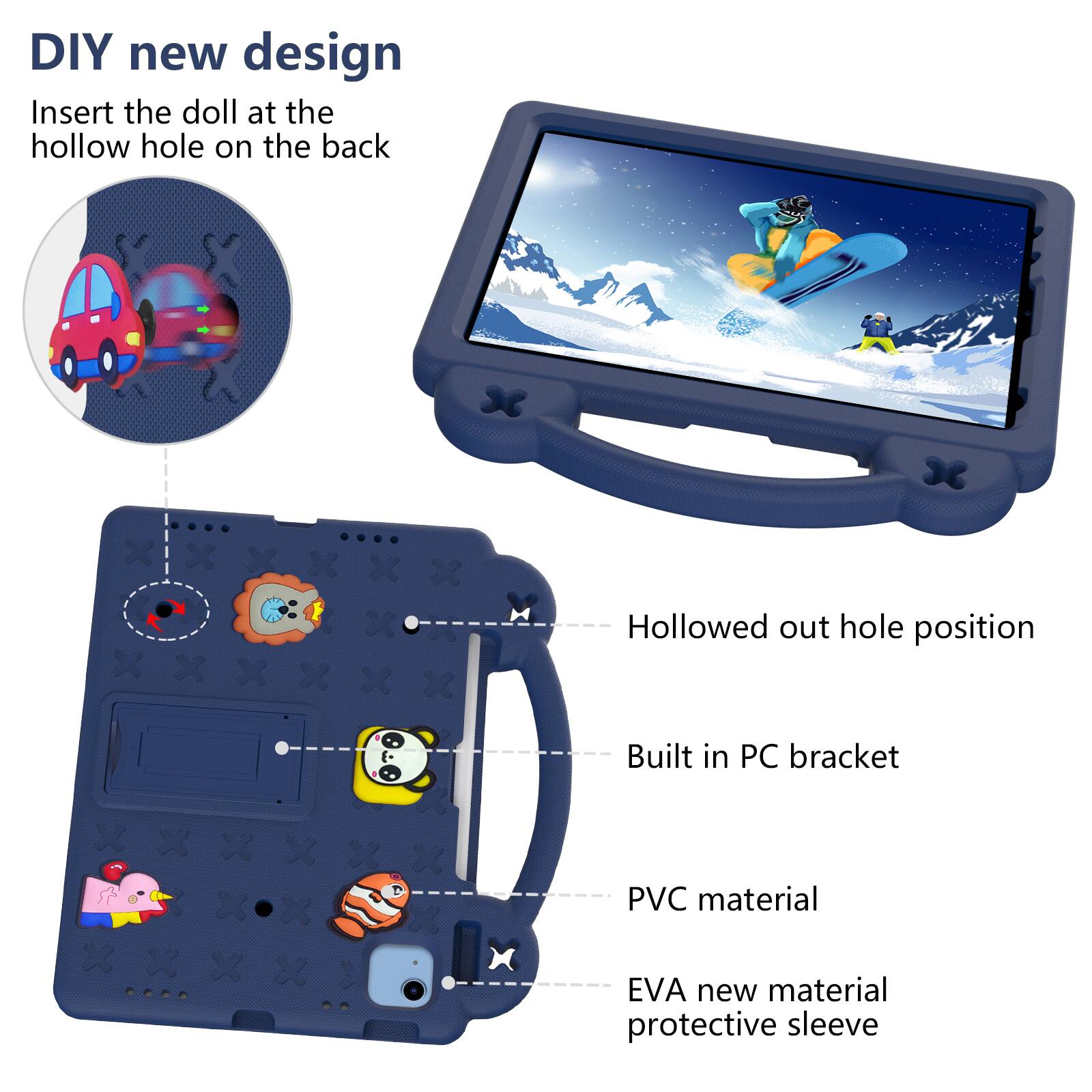 DIY new design  
Insert the doll at the hollow hole on the back  

- Hollowed out hole position  
- Built in PC bracket  
- PVC material  
- EVA new material protective sleeve