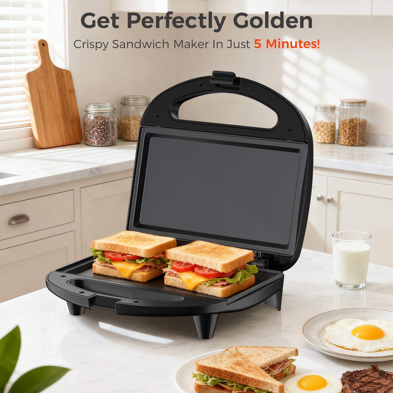 Get Perfectly Golden  
Crispy Sandwich Maker In Just 5 Minutes!