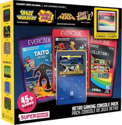 LEGENDARY GAMES INCLUDING...
TAITO ARCADE 1
JEUX LEGENDAIRES INCLUANT...
SPACE INVADERS
BUBBLE B33LE
MEGA MAN
STREET FIGHTER II
ON TAITO ARCADE 1
ON CAPCOM EDITION SUPER POCKET
EVERCADE
INCLUDES/ COMPREND
CONSOLE + 3 CARTS
MULTI-GAME CARTRIDGE
8-BIT & ARCADE GAMES
TAITO ARCADE 1
ACTIVISION COLLECTION 1
45+ GAMES
JEUX
RETRO GAMING CONSOLE PACK
PACK CONSOLE DE JEUX RETRO - E (Everyone)