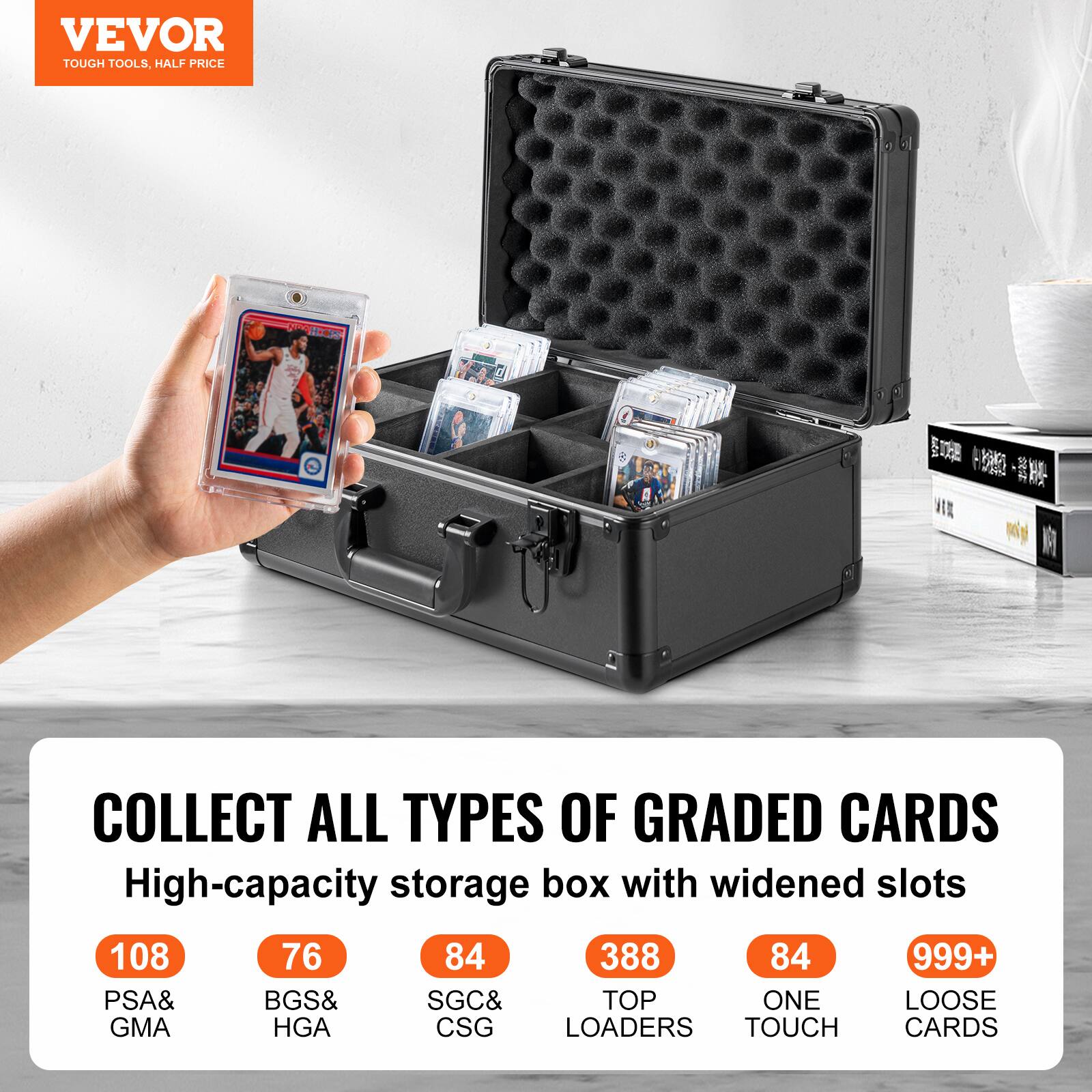 VEVOR  
TOUGH TOOLS, HALF PRICE  

COLLECT ALL TYPES OF GRADED CARDS  
High-capacity storage box with widened slots  

108 PSA & GMA  
76 BGS & HGA  
84 SGC & CSG  
388 TOP LOADERS  
84 ONE TOUCH  
999+ LOOSE CARDS