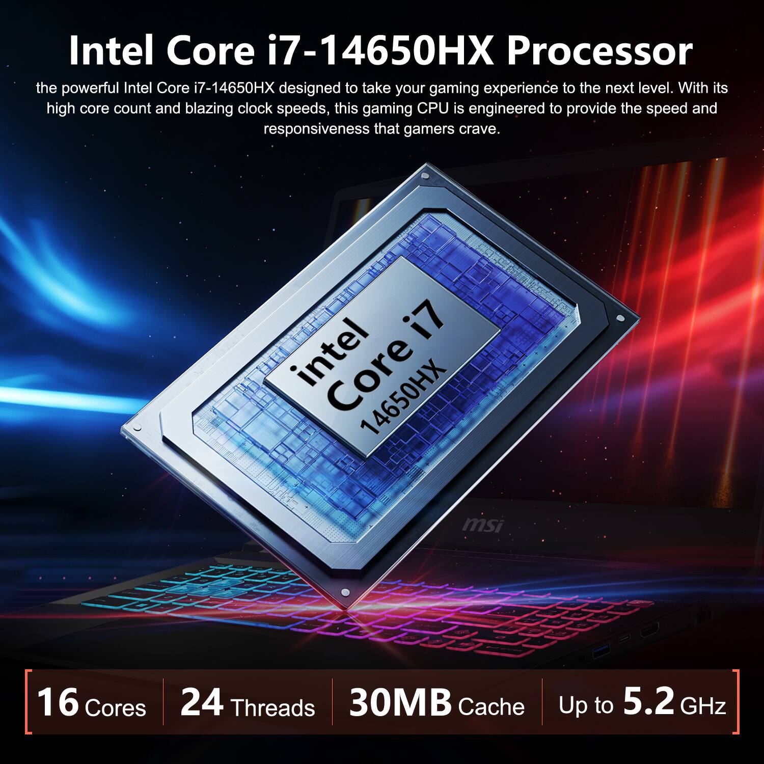 Intel Core i7-14650HX Processor

The powerful Intel Core i7-14650HX designed to take your gaming experience to the next level. With its high core count and blazing clock speeds, this gaming CPU is engineered to provide the speed and responsiveness that gamers crave.

i7 intel Core 14650HX msi

16 Cores
24 Threads
30MB Cache
Up to 5.2 GHz