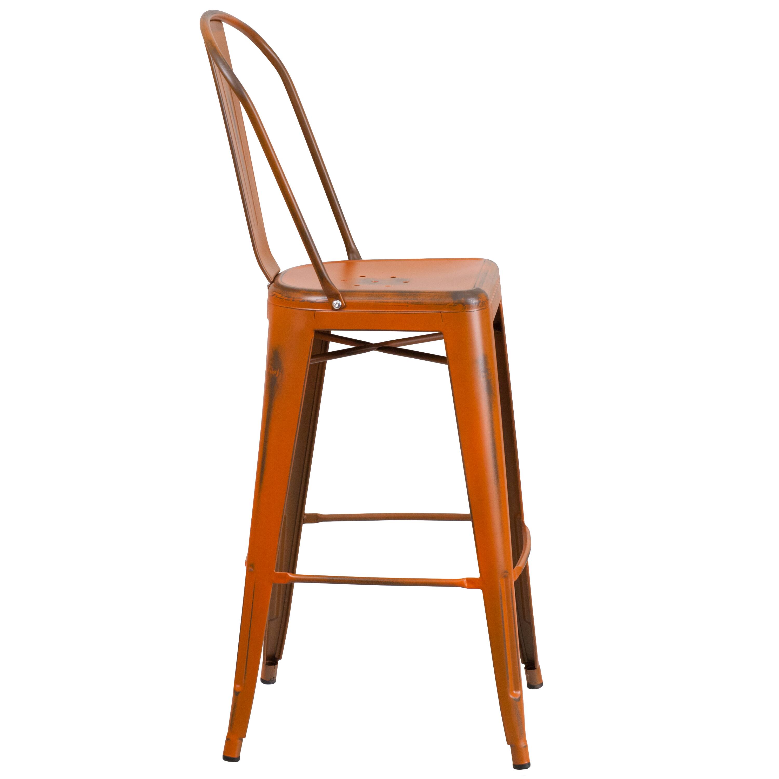 Alt View 7. Emma + Oliver - Commercial Grade 4 Pack 30" High Distressed Metal Indoor-Outdoor Barstool with Back - Orange.