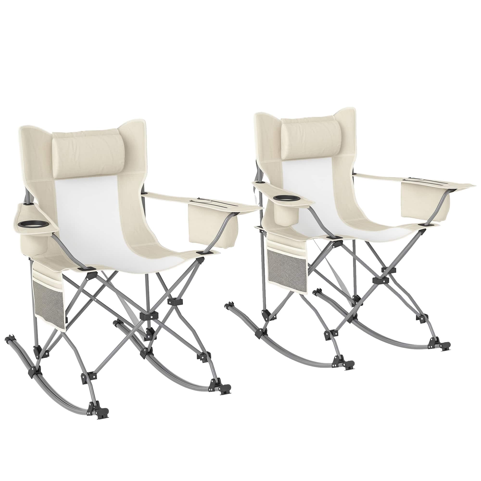Outsunny - Rocking Camping Chairs, Portable Chairs with Headrest, Cooler Bag, Cup Holder, Carry Bag - Cream White