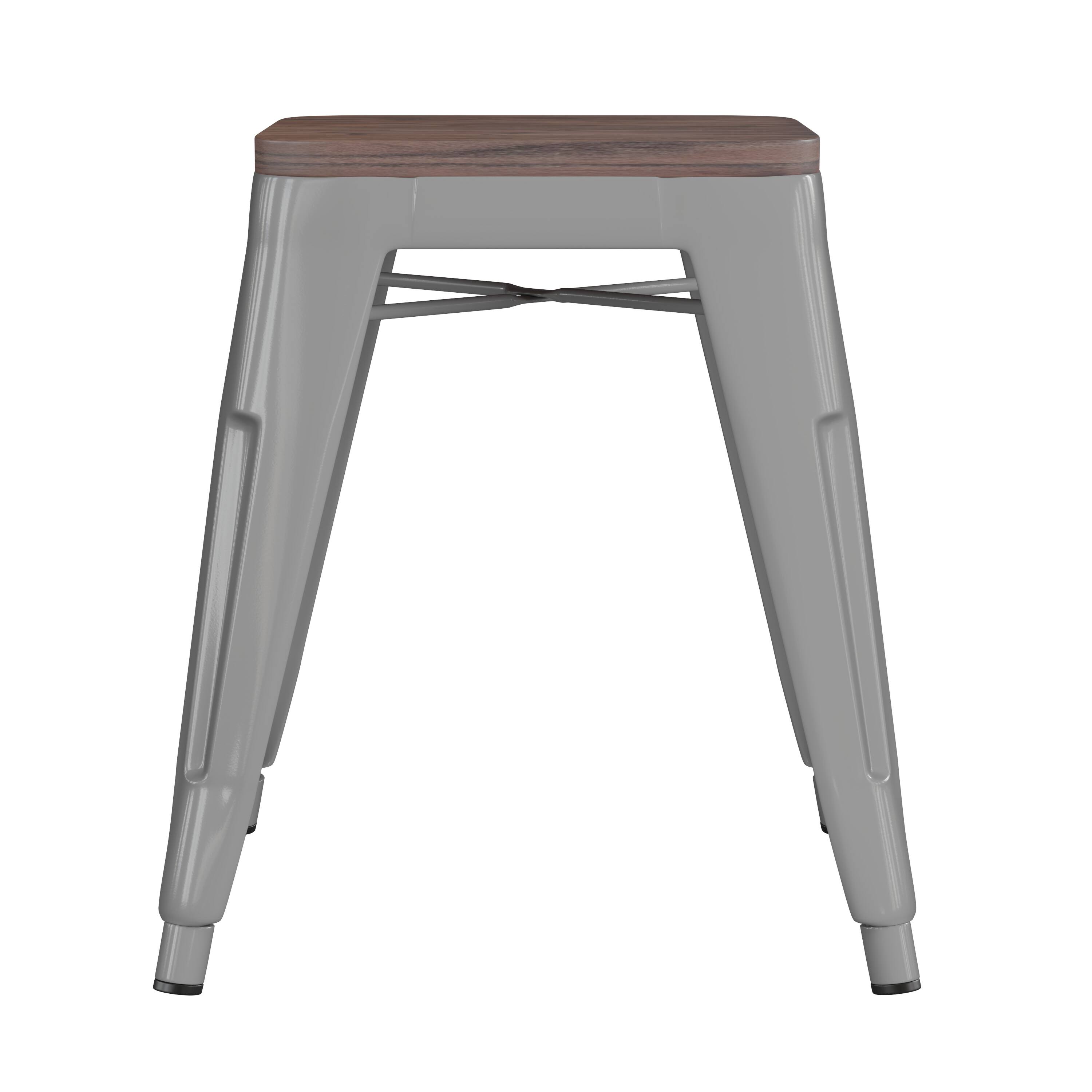 Alt View 7. Emma + Oliver - Set of Four Table Height Backless Stacking Welded Iron Stools with Wooden Seats and Under Seat Bracing for Indoor Use - Silver.