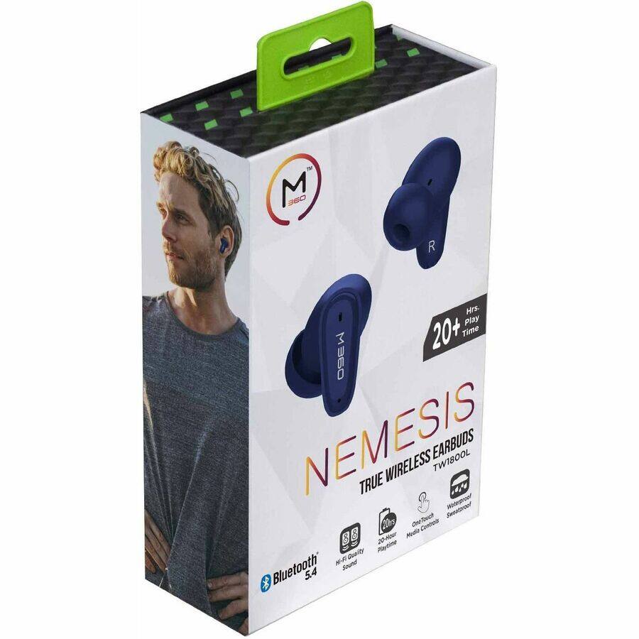 M360  
NEMESIS  
TRUE WIRELESS EARBUDS  
TW1800L  

20+ Hours Playtime  
Waterproof IPX5  
Bluetooth 5.4  
Hi-Fi Quality Sound  
Touch Controls  
20-Hour Playtime  
Waterproof Sweatproof  

M360  
NEMESIS  
TRUE WIRELESS EARBUDS  
TW1800L  

20+ Hours Playtime  
Waterproof IPX5  
Bluetooth 5.4  
Hi-Fi Quality Sound  
Touch Controls  
20-Hour Playtime  
Waterproof Sweatproof