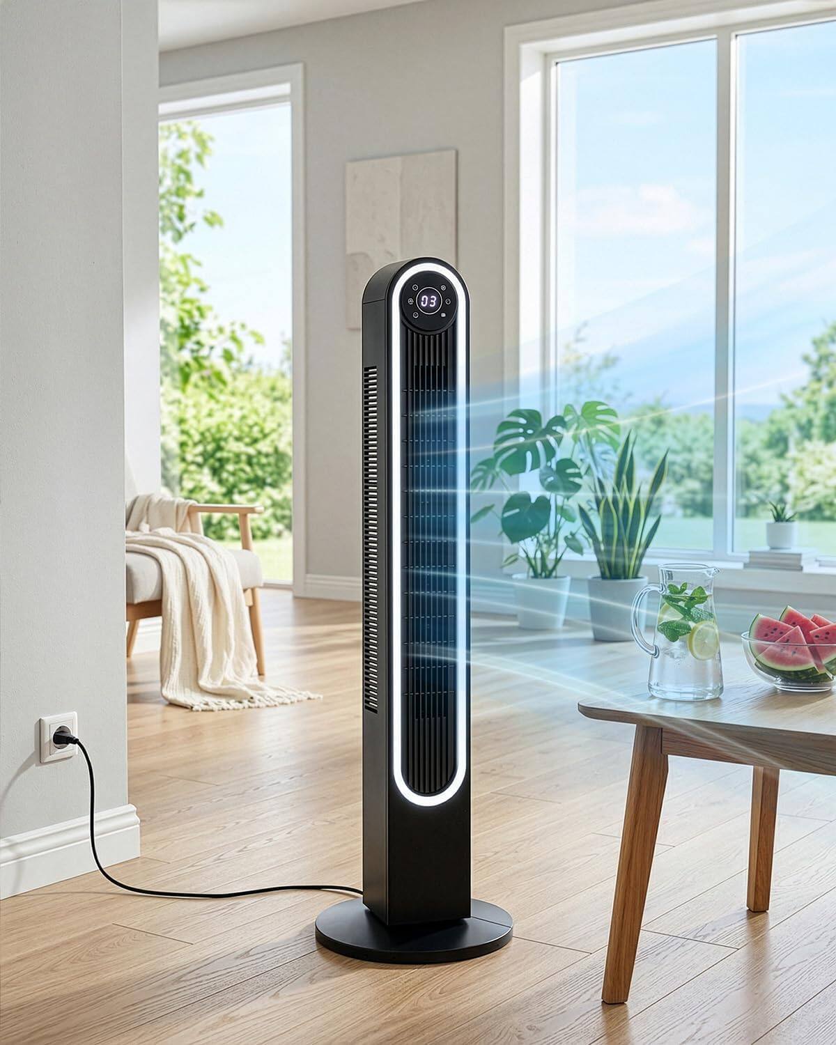 Alt View 4. Winado - 42 inch Bladeless Tower Fan, Portable Floor Fan with Remote Control, LED Display, Adjustable 150° Oscillating, 3 Speeds - Black.