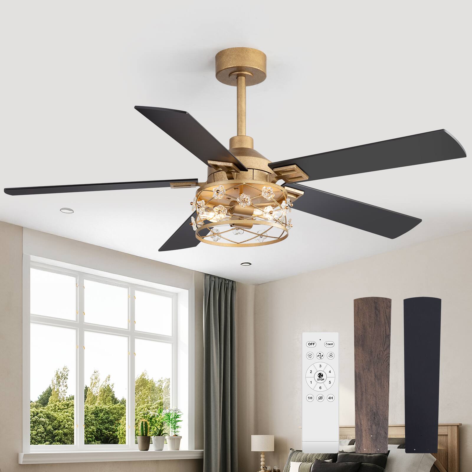 Left. Breezary - 52-Inch Indoor Ceiling Fan with Light Kit, 5 Plywood Dual-Finish Blades, DC Motor, 5/10'' Downrods, Remote, Glass Shade - Paint Gold with Black and Rich Walnut.