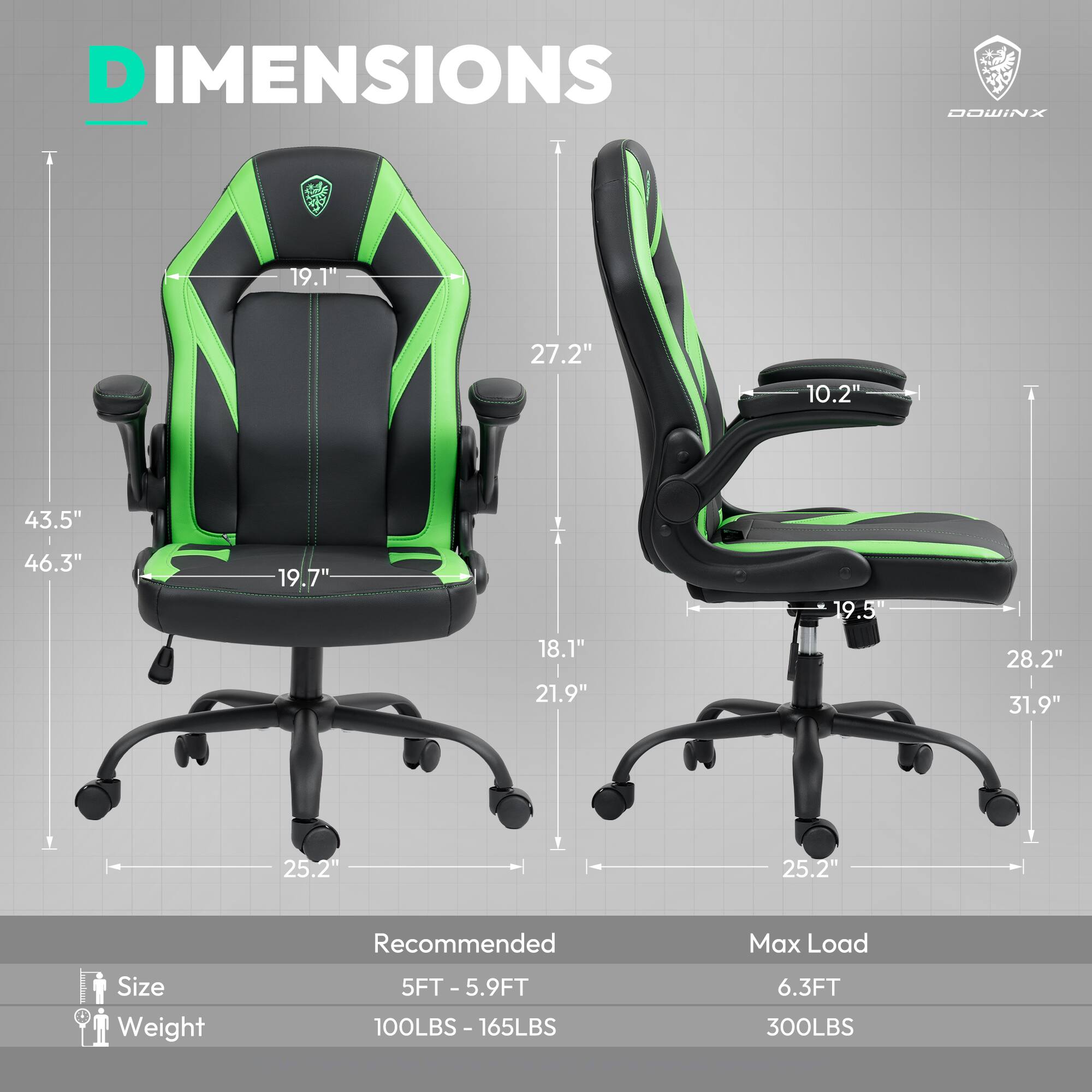 DIMENSIONS  
19.1" 27.2" 10.2" 43.5" 46.3" 19.7" 18.1" 21.9" 19.5" 28.2" 31.9" 25.2" 25.2"  

Size  
Weight  
Recommended Max Load  
5FT - 5.9FT  
100LBS - 165LBS  
6.3FT  
300LBS