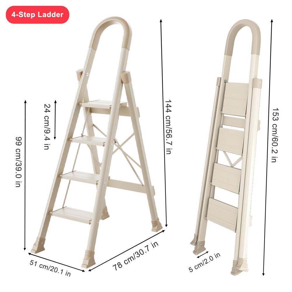 4-Step Ladder

- Height: 99 cm / 39.0 in
- Step Height: 24 cm / 9.4 in
- Width: 78 cm / 30.7 in
- Base Width: 51 cm / 20.1 in
- Folded Height: 144 cm / 56.7 in
- Folded Width: 153 cm / 60.2 in
- Foot Pad: 5 cm / 2.0 in