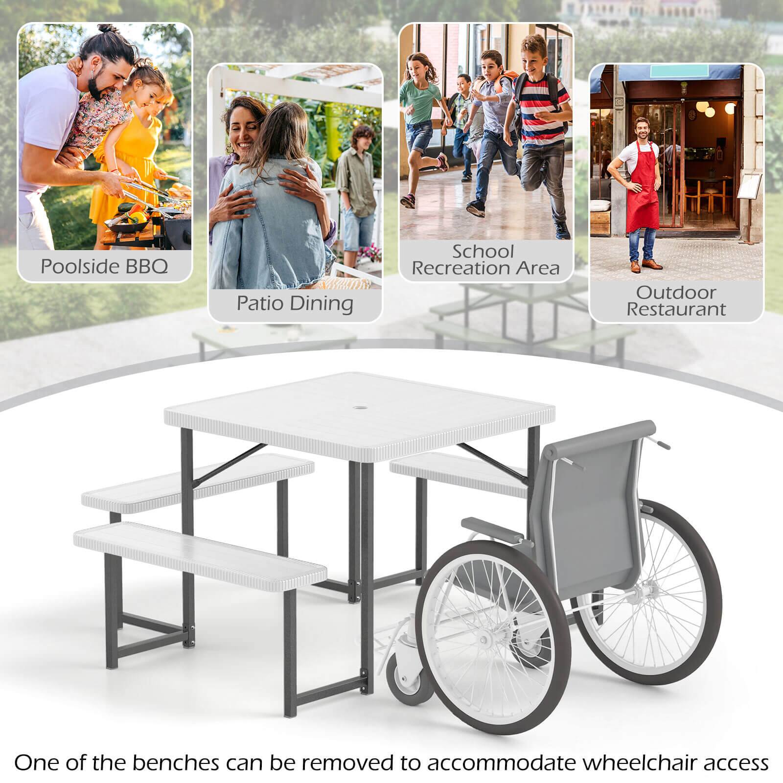 The text on the image is grouped as follows:

1. Poolside BBQ Patio Dining School Recreation Area Outdoor Restaurant
2. One of the benches can be removed to accommodate wheelchair access.