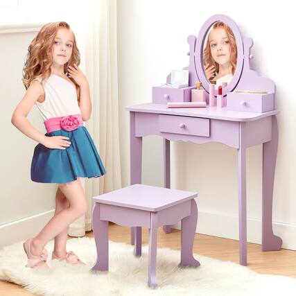 Front. Jojoka - Kids Vanity Set with Mirror & Stool, Wooden Makeup Table with Playset for Girls Ages 4–9 - Purple.