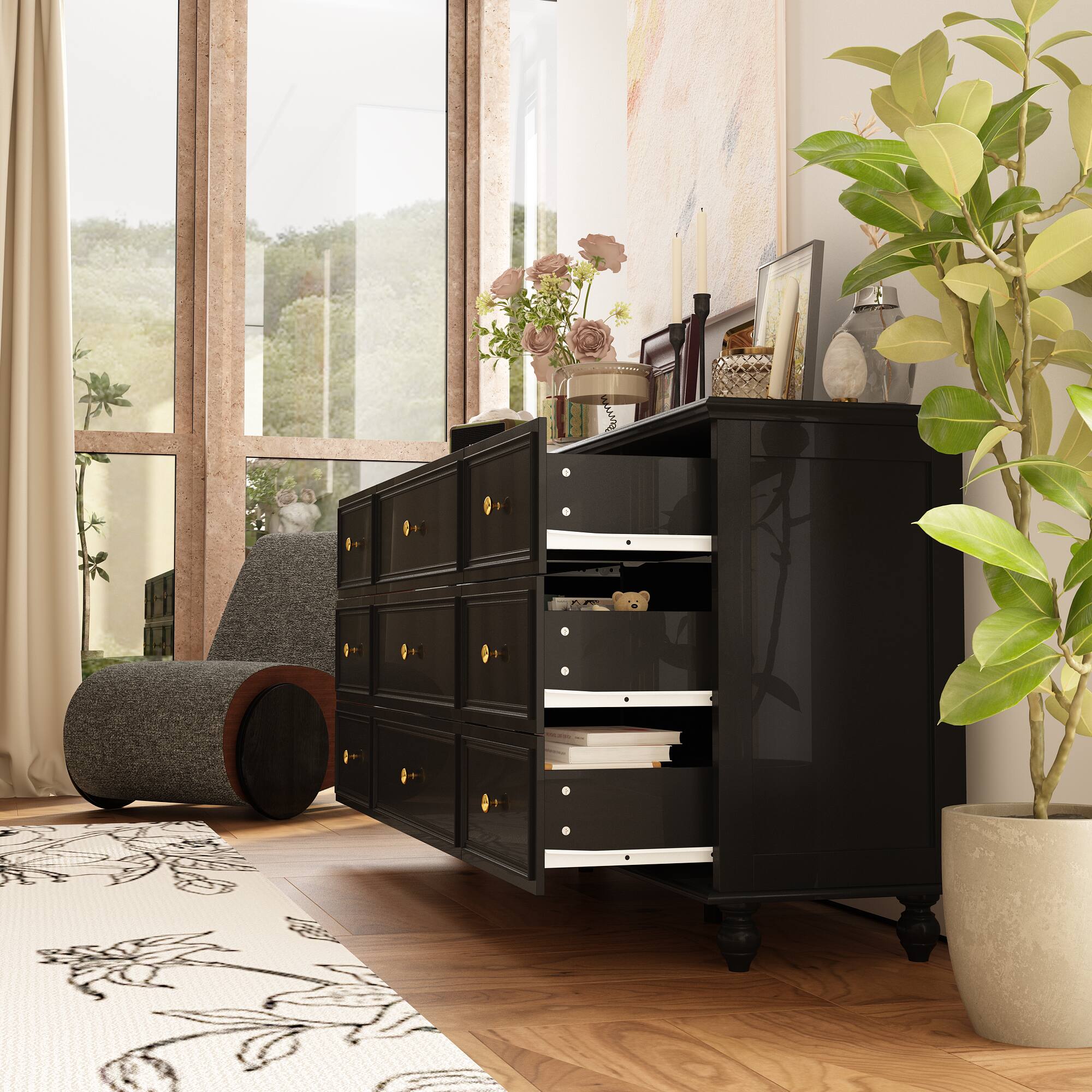 Alt View 8. FUFU & GAGA - FUFU&GAGA Black 9 - Drawer Dresser: Stylish Storage with Solid Wood Legs - Black.