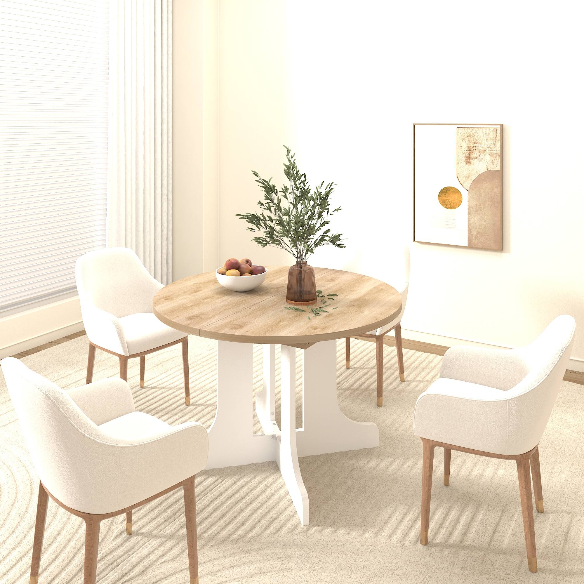 Alt View 5. Tiramisubest - Dining Table for Farmhouse Kitchen 59x43 Inch Expandable Oval Table Top with Removable Leaf Trestle X Shaped Base,White - White Oak.