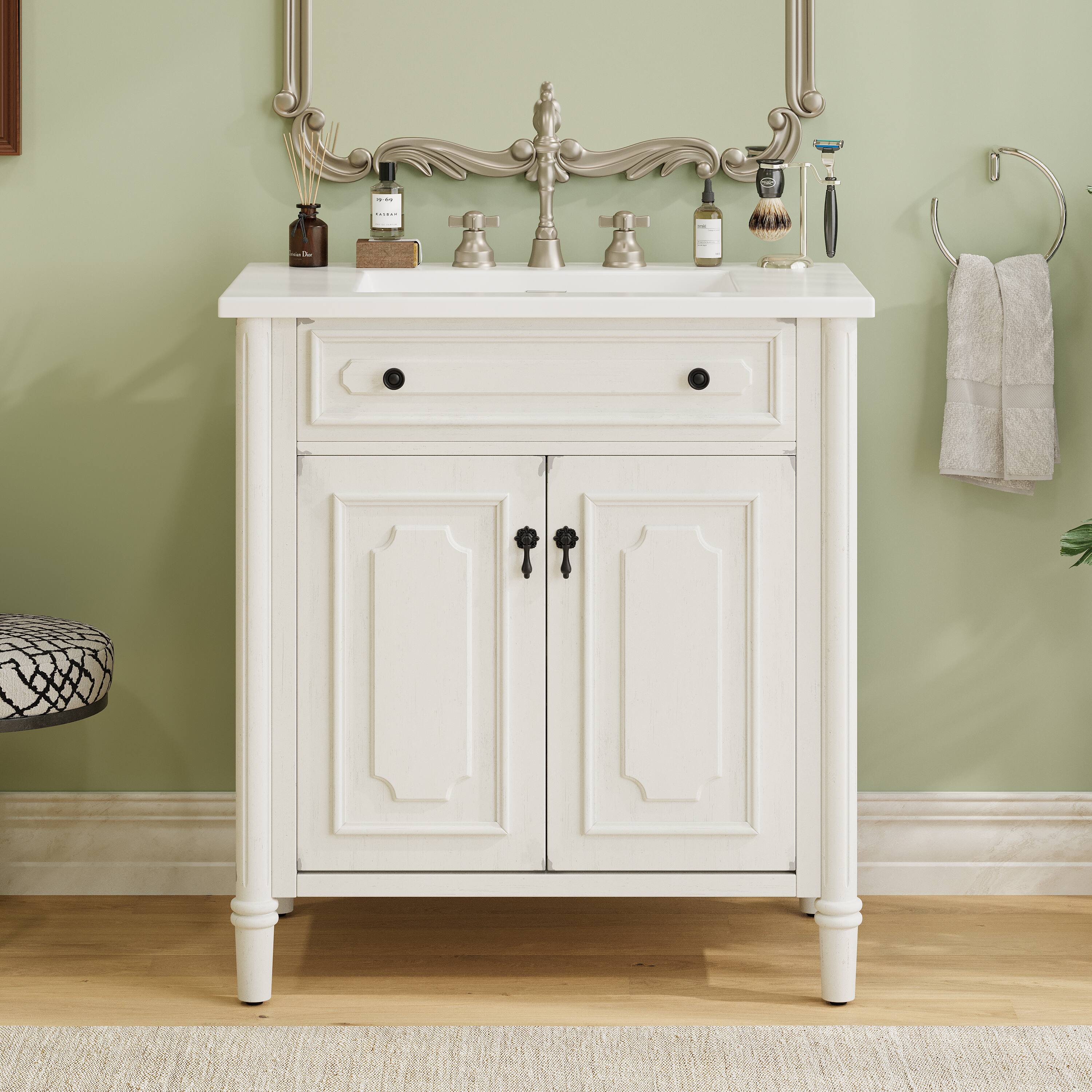 Left. Loheer - 2.58 ft Vintage Bathroom Vanity with Sink, Soft Close Cabinet, Adjustable Shelf, Rustic Bath Room - Ancient White.