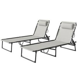 Outsunny - Folding Chaise Lounge Pool Chairs with 4-Position Reclining Back, Pillow, Breathable Mesh & Bungee Seat - Cream White