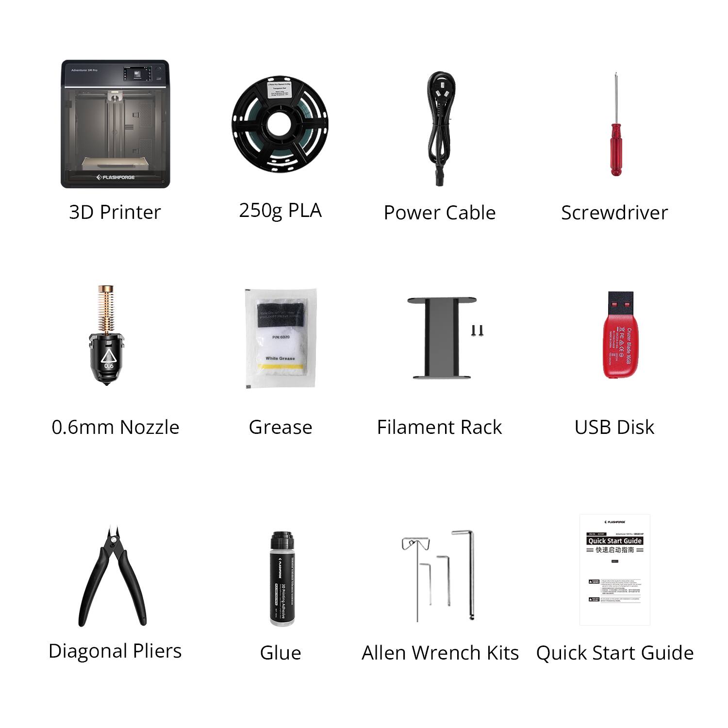 A 3D Printer 250g PLA Power Cable Screwdriver 0.6mm Nozzle Grease Filament Rack USB Disk Diagonal Pliers Glue Allen Wrench Kits Quick Start Guide