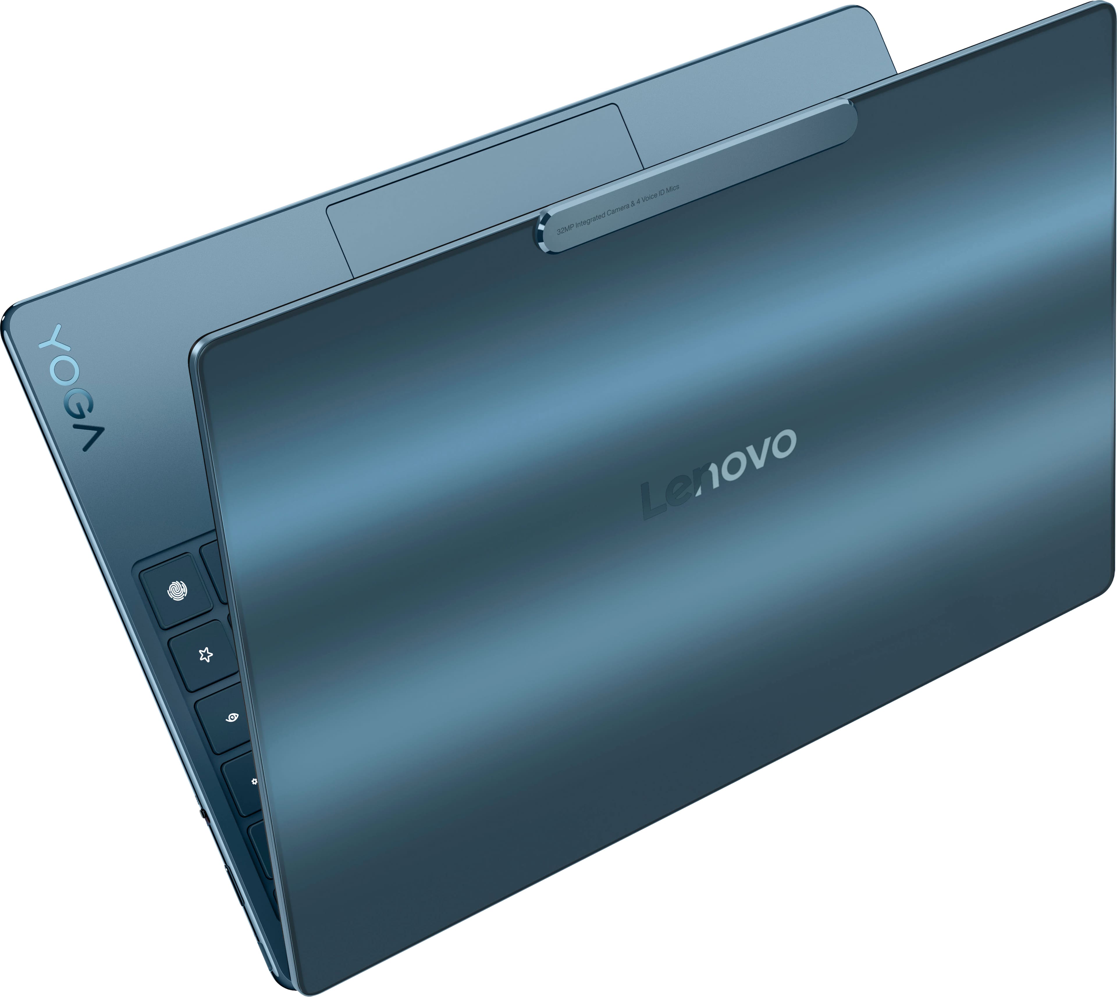 Lenovo is the brand of the laptop shown in the image. The laptop is a Lenovo Yoga, which is a type of laptop that can be used in various modes, such as a tablet, stand, or traditional laptop. The laptop has a camera on the top and a keyboard on the bottom.