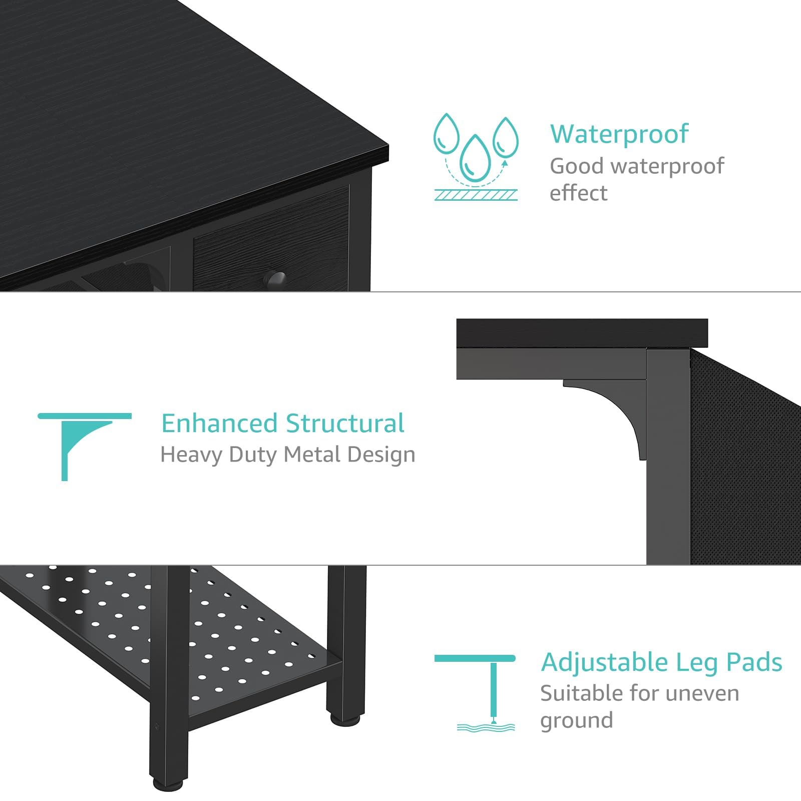 - Waterproof
  - Good waterproof effect

- Enhanced Structural
  - Heavy Duty Metal Design

- Adjustable Leg Pads
  - Suitable for uneven ground
