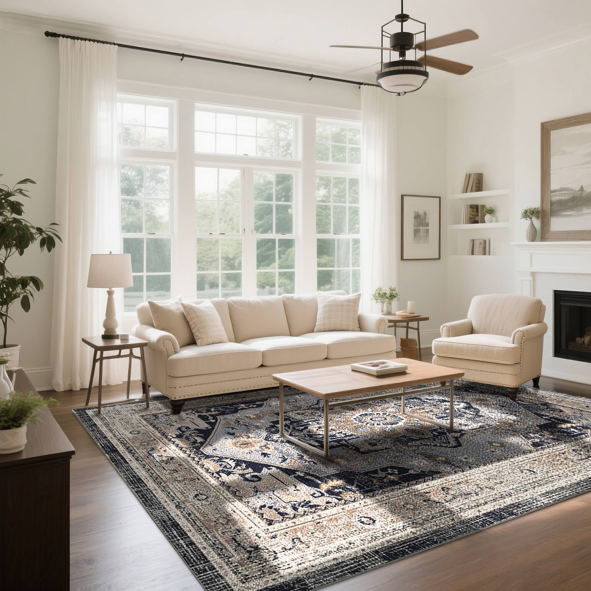 Left. Ihomeadore - 7FT x 5FT Vintage Bohemia Cotton Area Rug with Non-Slip TPR Backing for Indoor Living Room and Entryway - Blue.