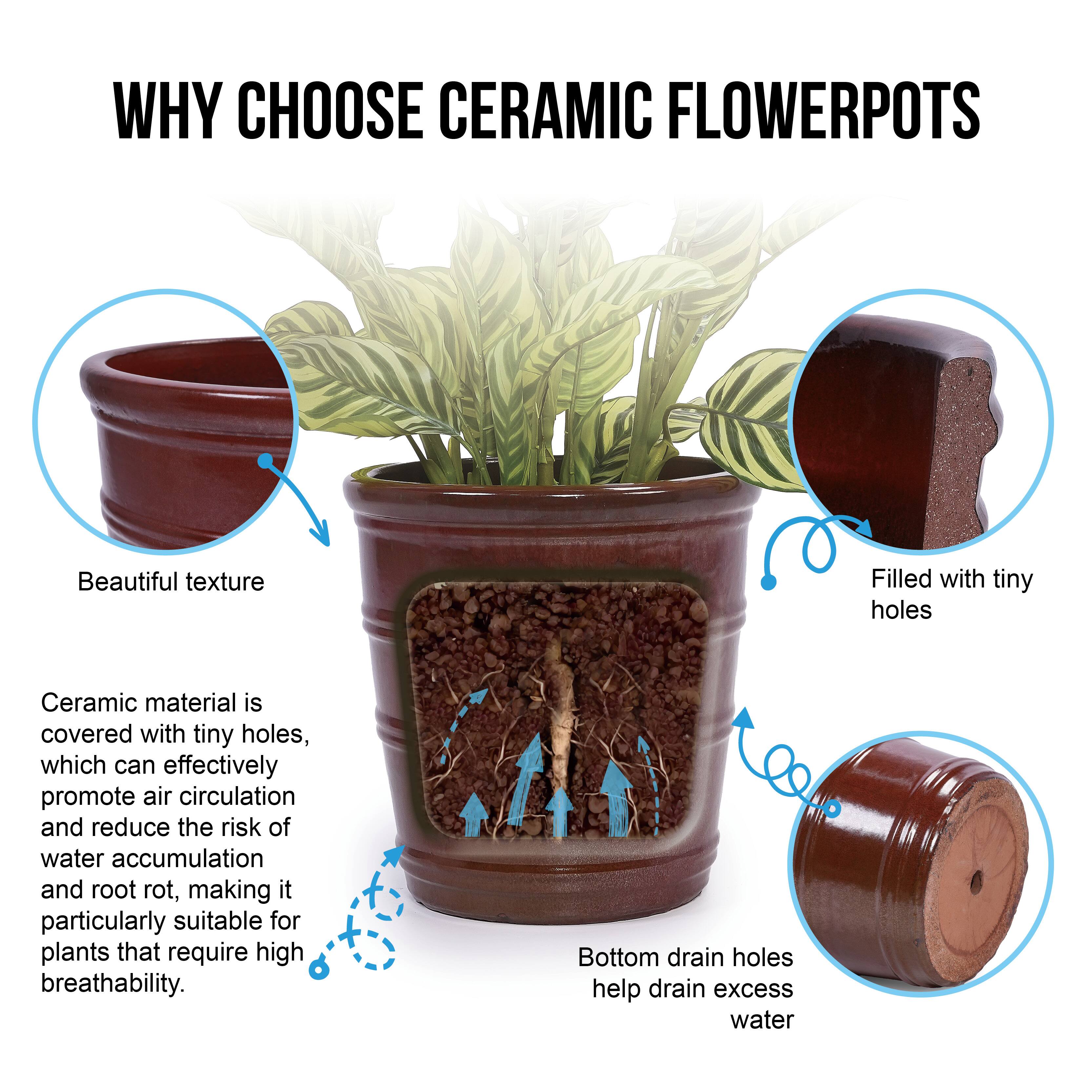WHY CHOOSE CERAMIC FLOWER POTS

Beautiful texture

Ceramic material is covered with tiny holes, which can effectively promote air circulation and reduce the risk of water accumulation and root rot, making it particularly suitable for plants that require high breathability.

Filled with tiny holes

Bottom drain holes help drain excess water