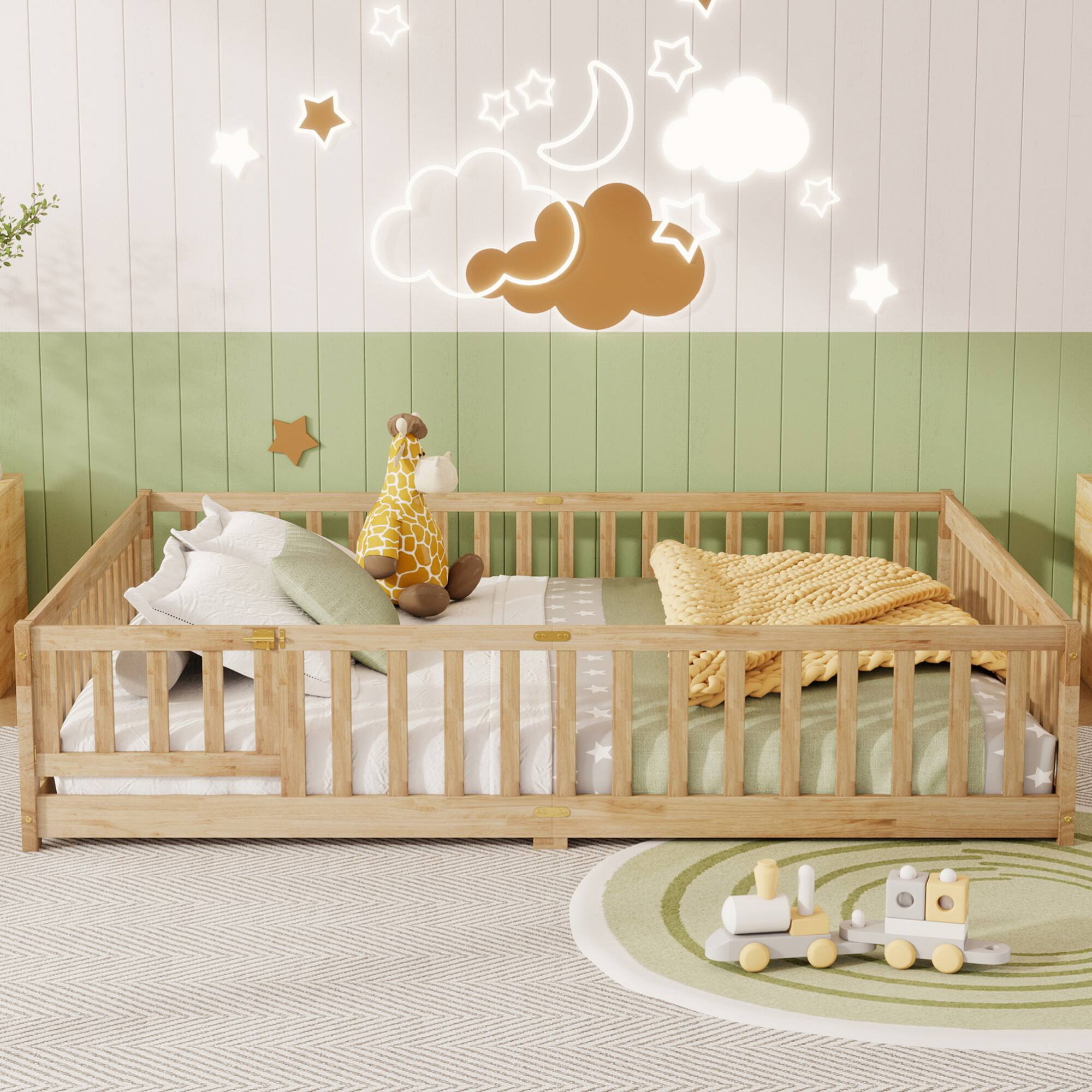 Angle. GOODSILO - Queen Size Low-Profile Platform Bed with Safety Guardrails and Entry Door for Secure Sleeping Space - Natural.