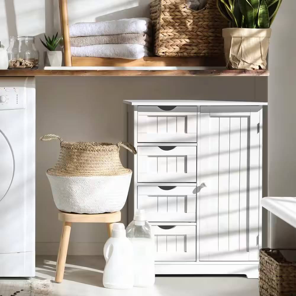 Angle. Hivvago - Modern Farmhouse 4-Drawer Bathroom Linen Cabinet in White Wood Finish - White.