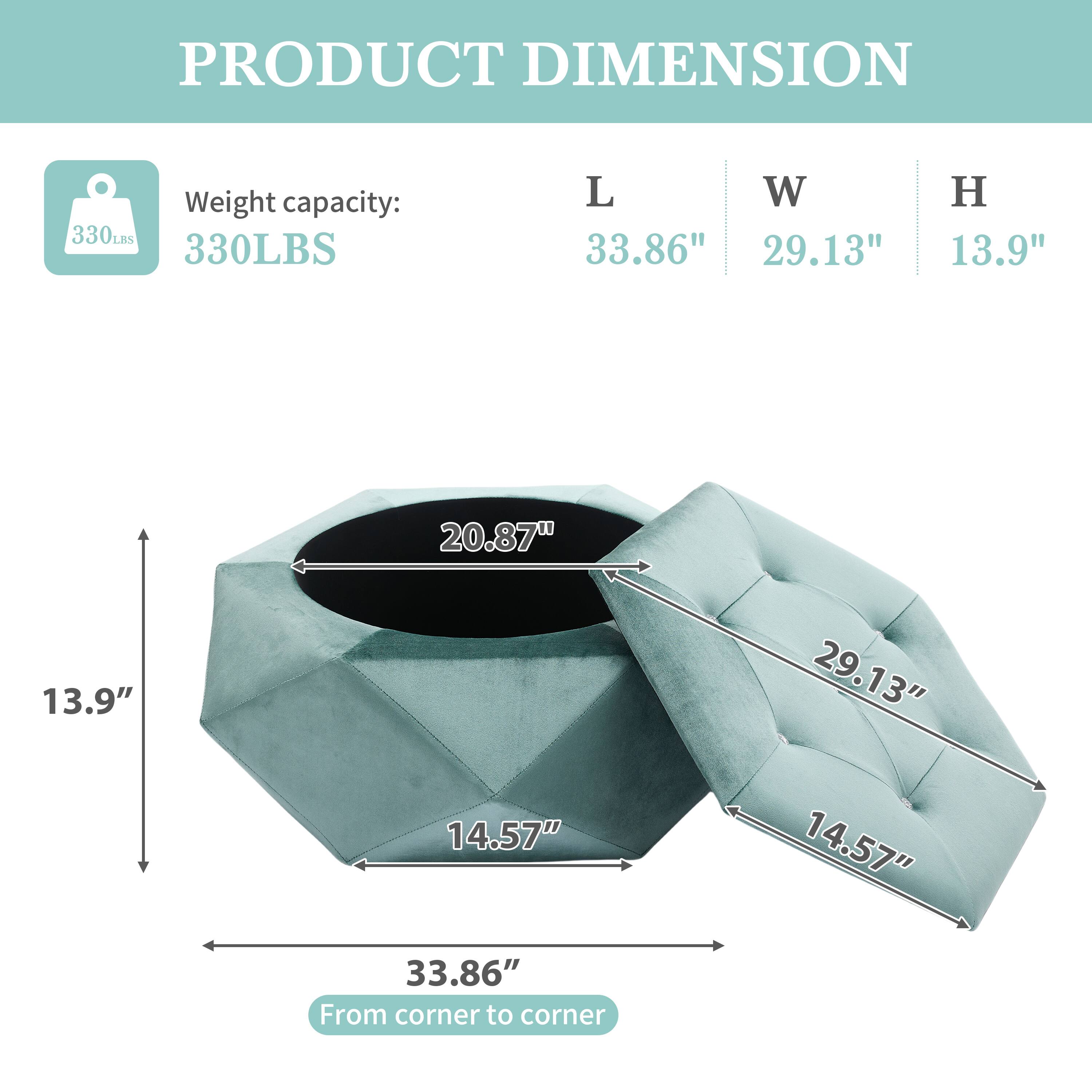 **PRODUCT DIMENSION**

- **Weight capacity:** 330LBS

- **Dimensions:**
  - Length (L): 33.86"
  - Width (W): 29.13"
  - Height (H): 13.9"

- **Additional Measurements:**
  - 20.87" (from the image)
  - 29.13" (from the image)
  - 14.57" (from the image)
  - 14.57" (from the image)
  - 33.86" (from corner to corner)
