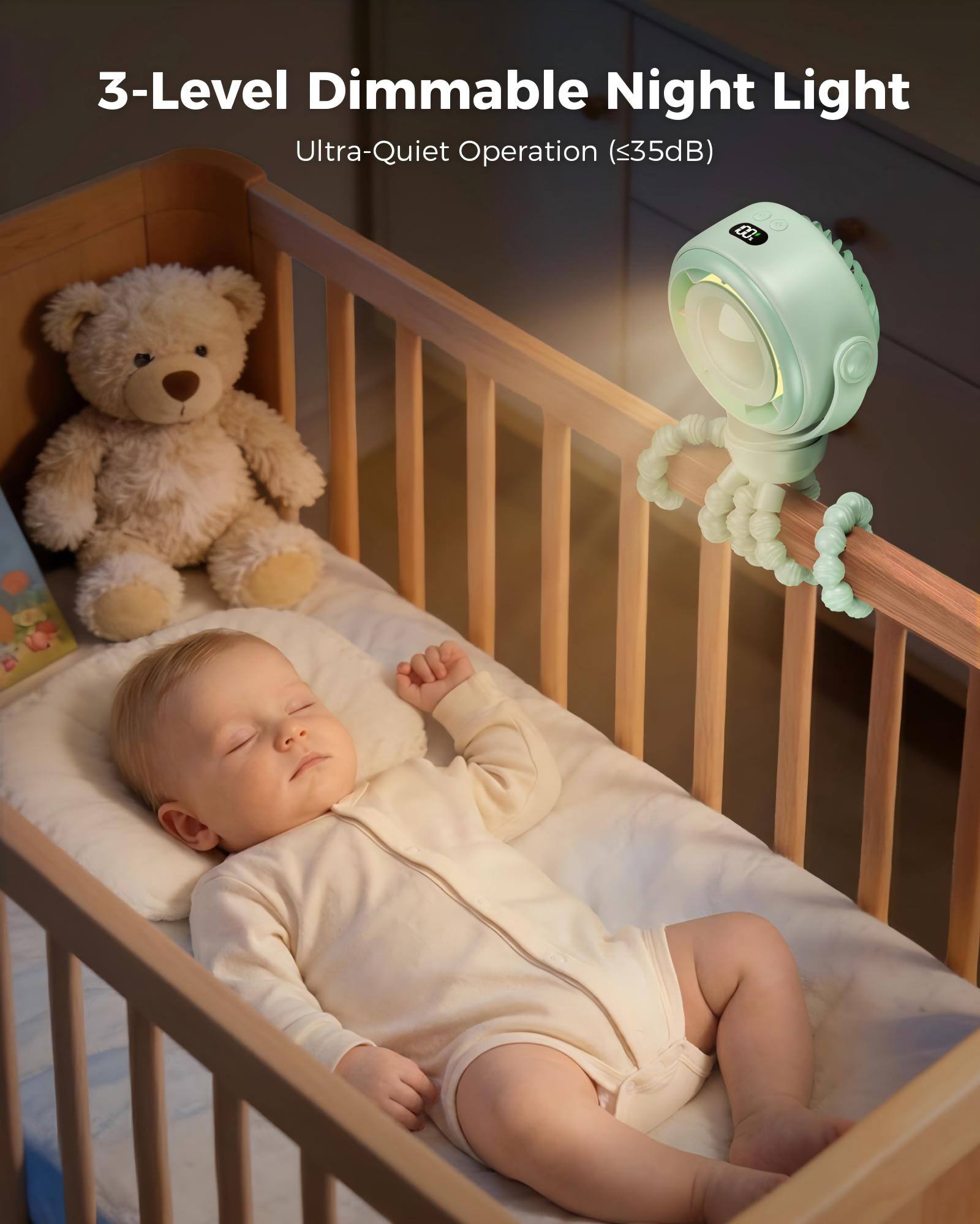 3-Level Dimmable Night Light  
Ultra-Quiet Operation (<35dB)
