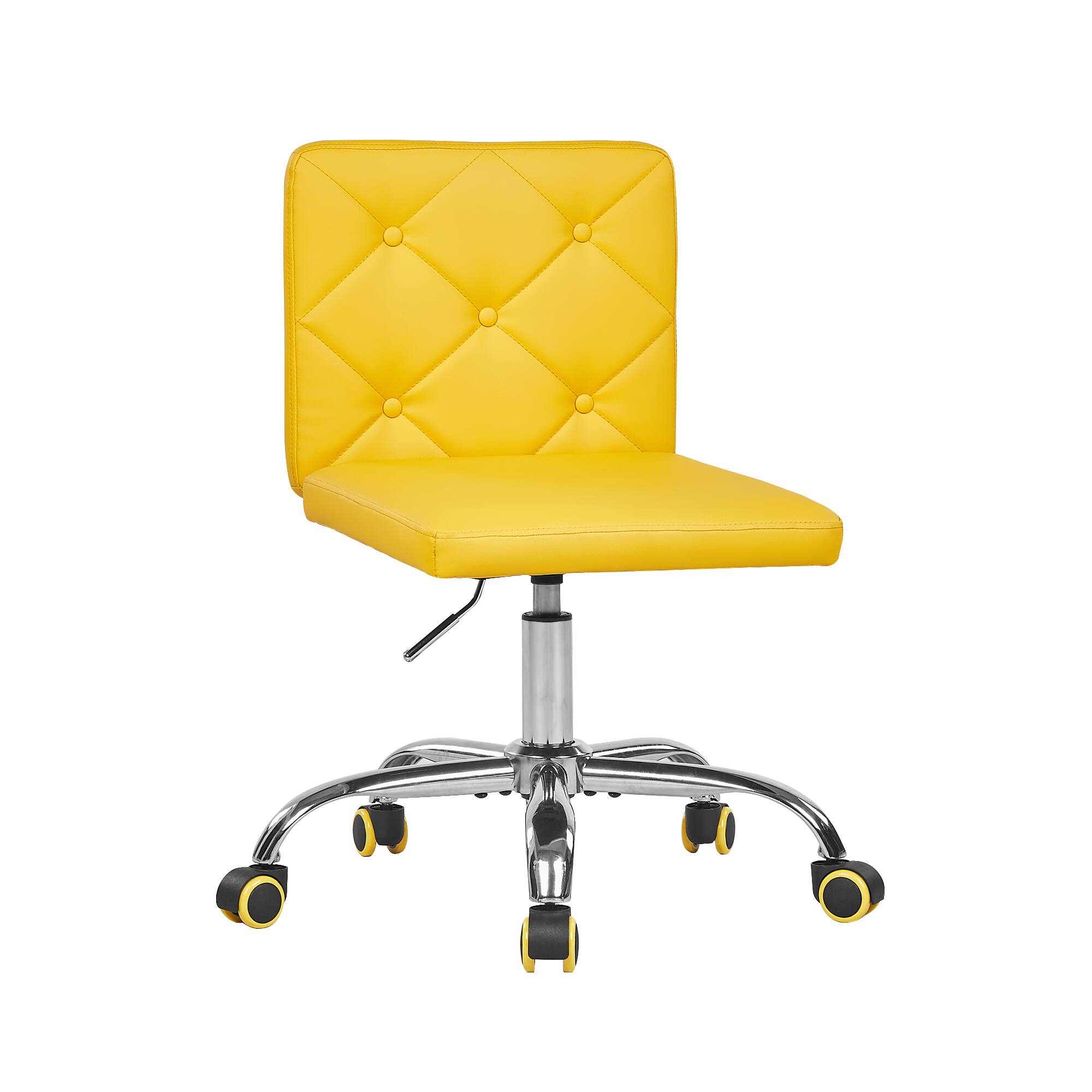 Front. Vecelo - Yellow PU Leather Armless Office Chair - 28-32 Inch Adjustable Height Task Chair, Ergonomic Computer Chair with Wheels - Yellow.