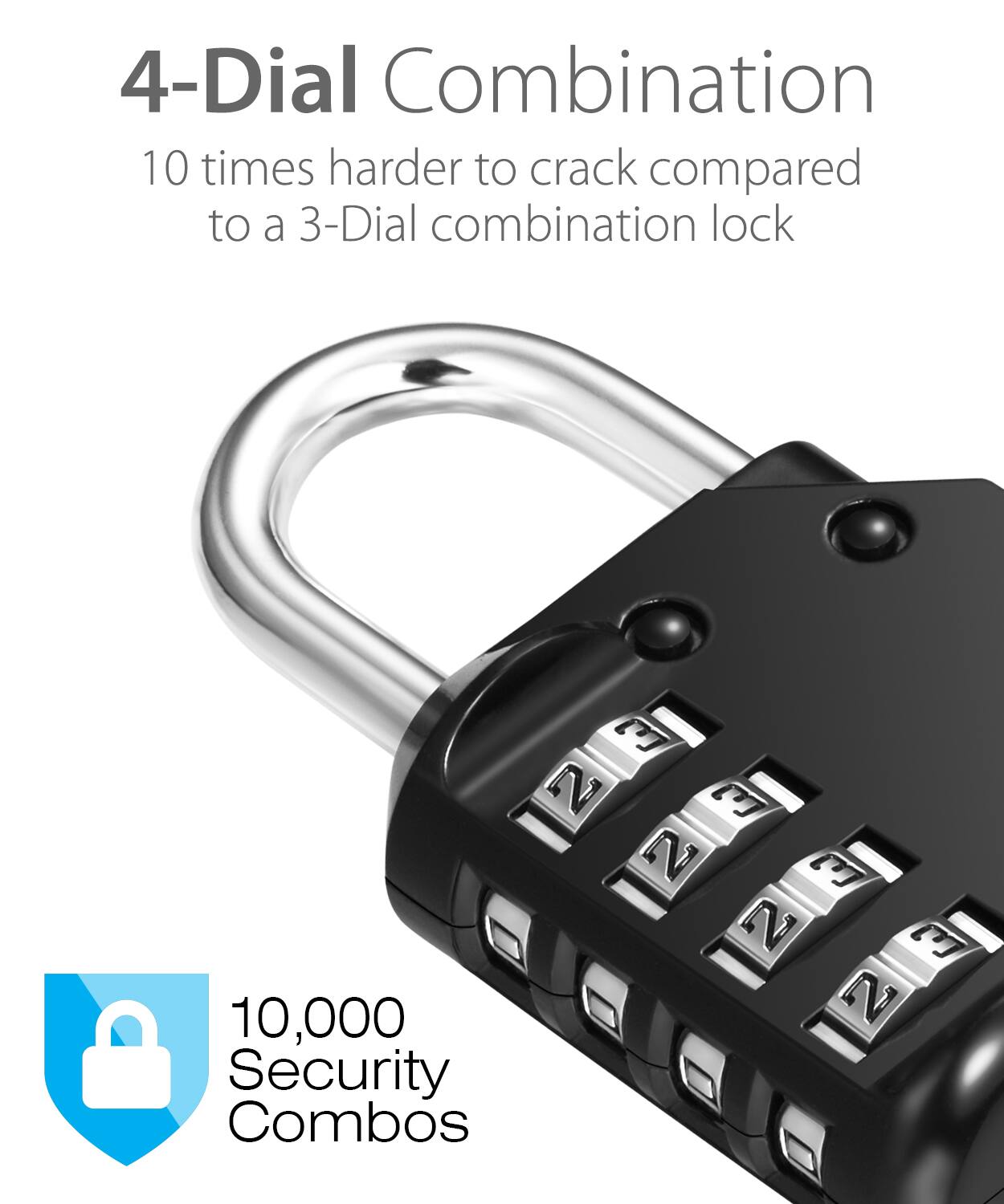 4-Dial Combination 10 times harder to crack compared to a 3-Dial combination lock 10,000 Security Combos 3 2 3 2 3 2 3
