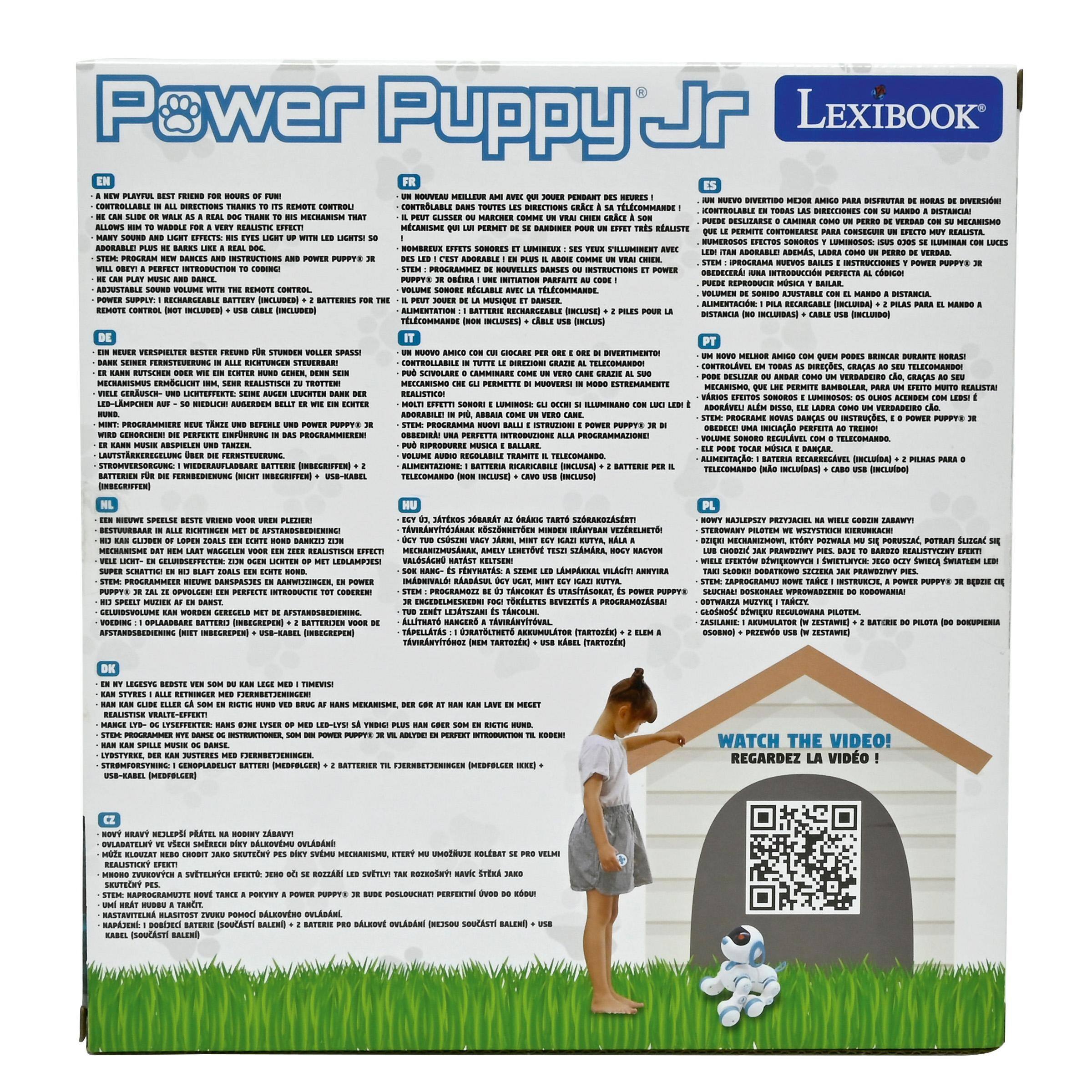 Sure, here is the corrected and grouped text from the image:

---

**Power Puppy Jr**  
**LexiBook**

---

**A NEW PLAYFUL BEST FRIEND FOR HOURS OF FUN!**  
- HE CAN SLIDE, WALK AND RUN LIKE A REAL DOG THANKS TO HIS MECHANISM THAT ALLOWS HIM TO WALK FOR A REALISTIC EFFECT.  
- ADORABLE PLUS HE BARKS LIKE A REAL DOG.  
- HE IS PERFECTLY INTRODUCTED TO HIS NEW OWNER.  
- HE CAN PLAY MUSIC AND DANCE.  
- REMOTE CONTROL (NOT INCLUDED) + USB CABLE (INCLUDED)  

---

**EN UN NUEVO AMIGO MEJOR PARA DISFRUTAR HORAS DE DIVERSIÓN!**  
- PUEDE DESLIZARSE, CAMINAR Y CORRER COMO UN PERRO REAL GRACIAS A SU MECANISMO QUE LE PERMITE MOVERSE DE FORMA REALISTA.  
- ADORABLE Y QUE LADRA COMO UN PERRO REAL.  
- SE PRESENTA PERFECTAMENTE A SU NUEVO PROPIETARIO.  
- PUEDE TOCAR MÚSICA Y B