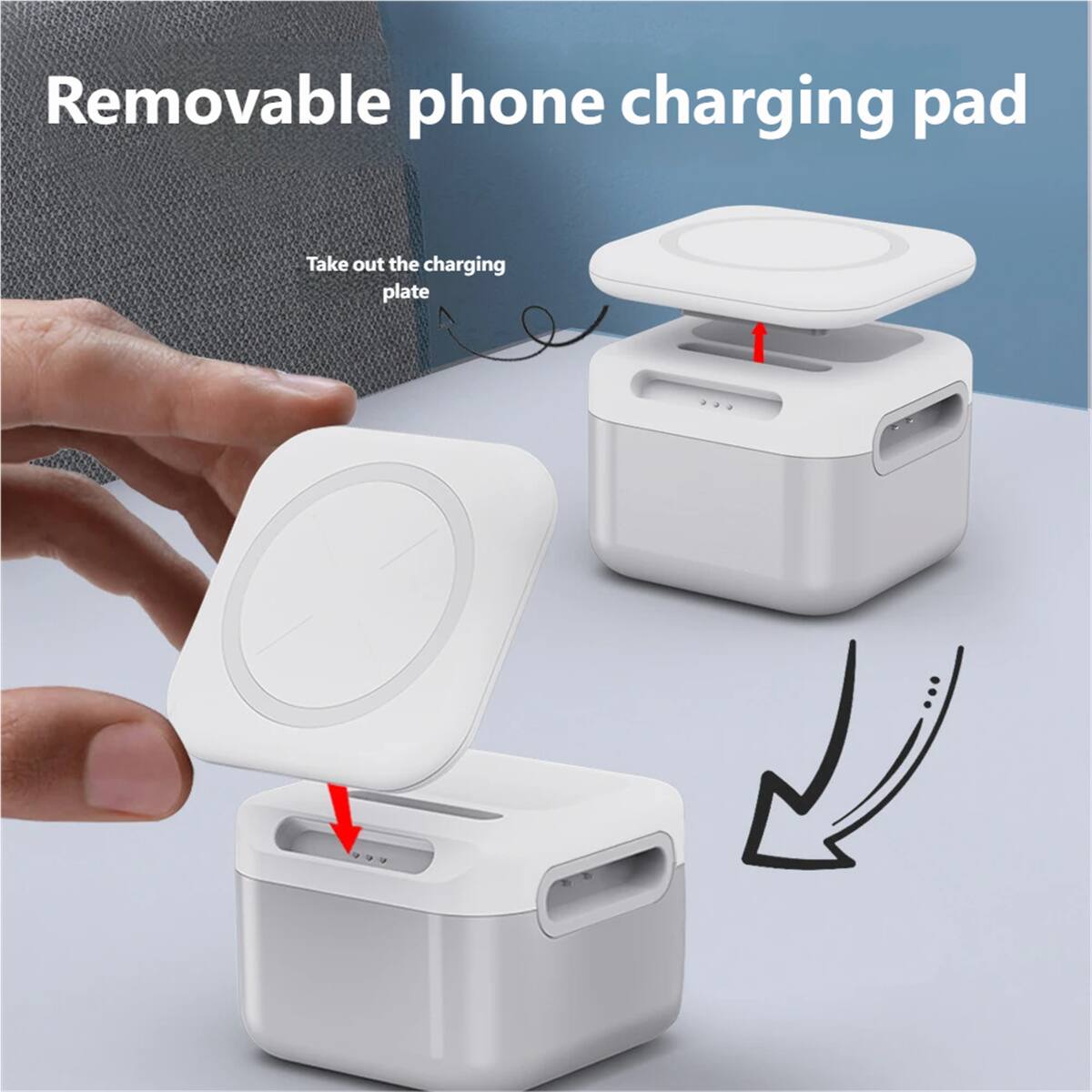 Removable phone charging pad  
Take out the charging plate.