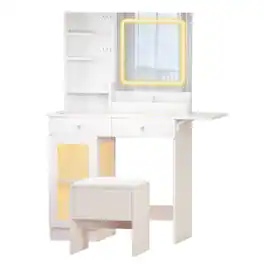 Ecooso - Small Vanity Desk with Mirror and Lights, Makeup Vanity Table w/ Glass Top, 2 USB Ports, Drawers & Cabinet for Bedroom - White