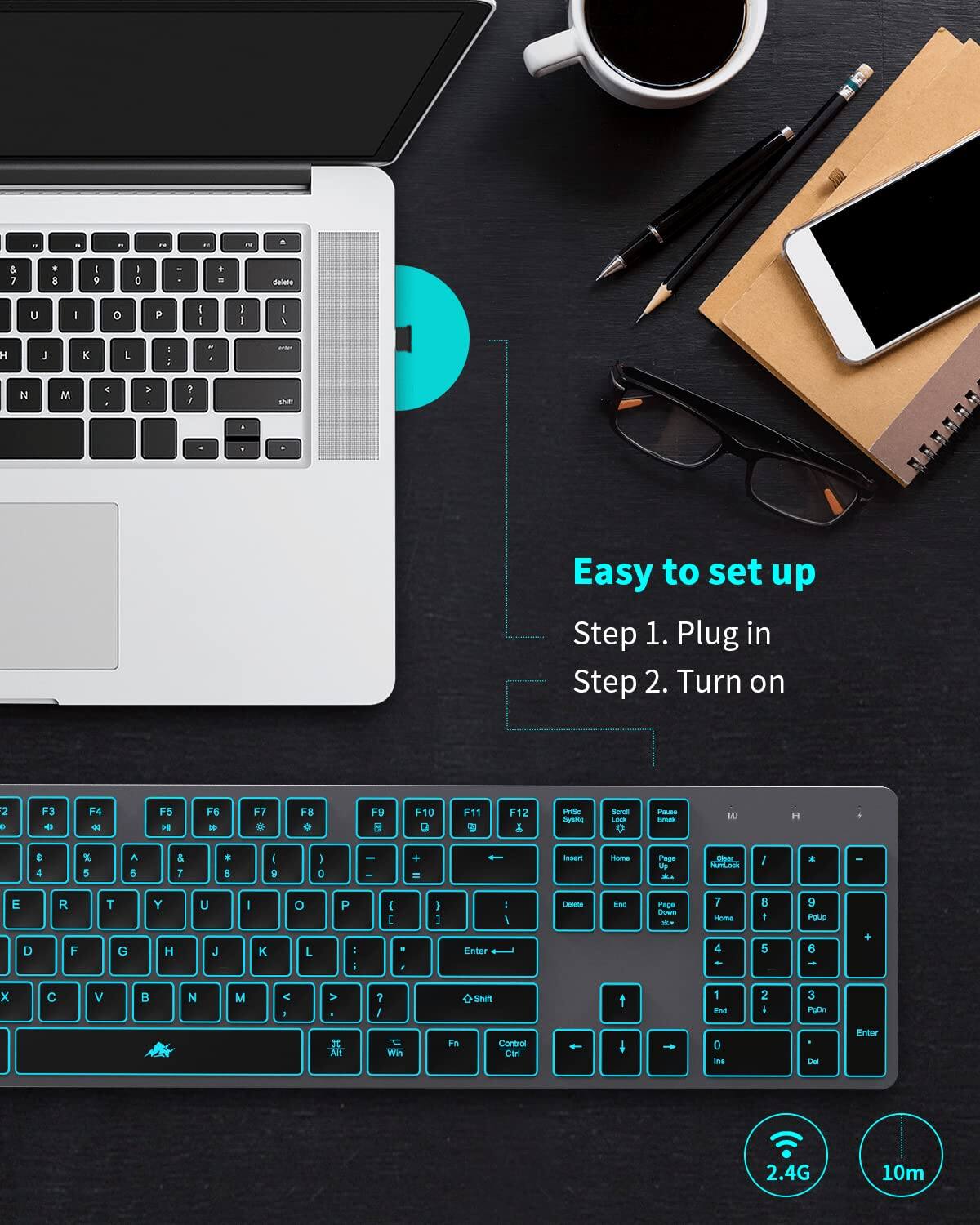 Easy to set up  
Step 1. Plug in  
Step 2. Turn on  

2.4G  
10m