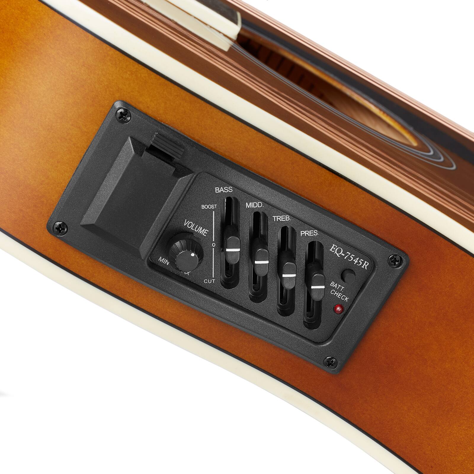 BASS BOOST VOLUME - MIN CUT MIDD. TREB PRES EQ-7545R BATT CHECK