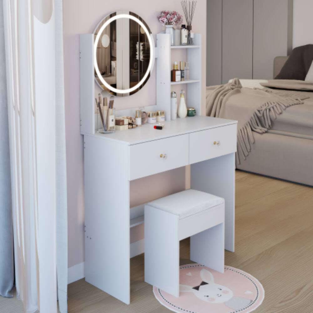 Back. LUCKY ONE - 17in Round LED Mirror Vanity Set with Large Desktop, Multi-Layer Storage and Stool for Small Space - White.