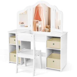 Costway - Kids Vanity Table & Chair Set 2-in-1 Princess Pretend Play Makeup Vanity Set - White