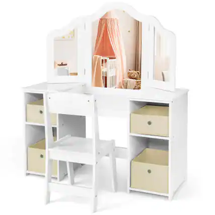 Front. Costway - Costway Kids Vanity Table & Chair Set 2-in-1 Princess Pretend Play Makeup Vanity Set - White.