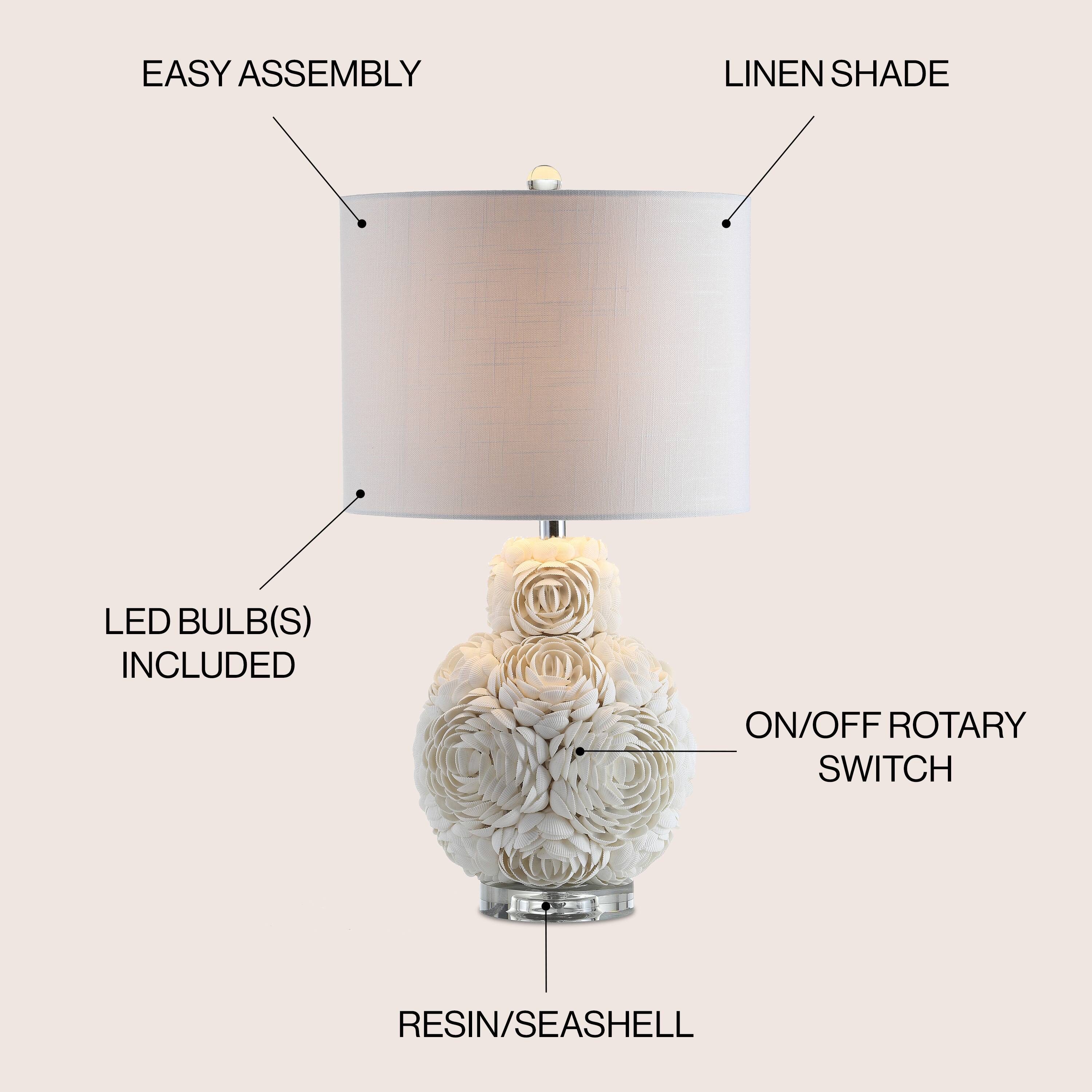EASY ASSEMBLY  
LINEN SHADE  
LED BULB(S) INCLUDED  
ON/OFF ROTARY SWITCH  
RESIN/SEASHELL