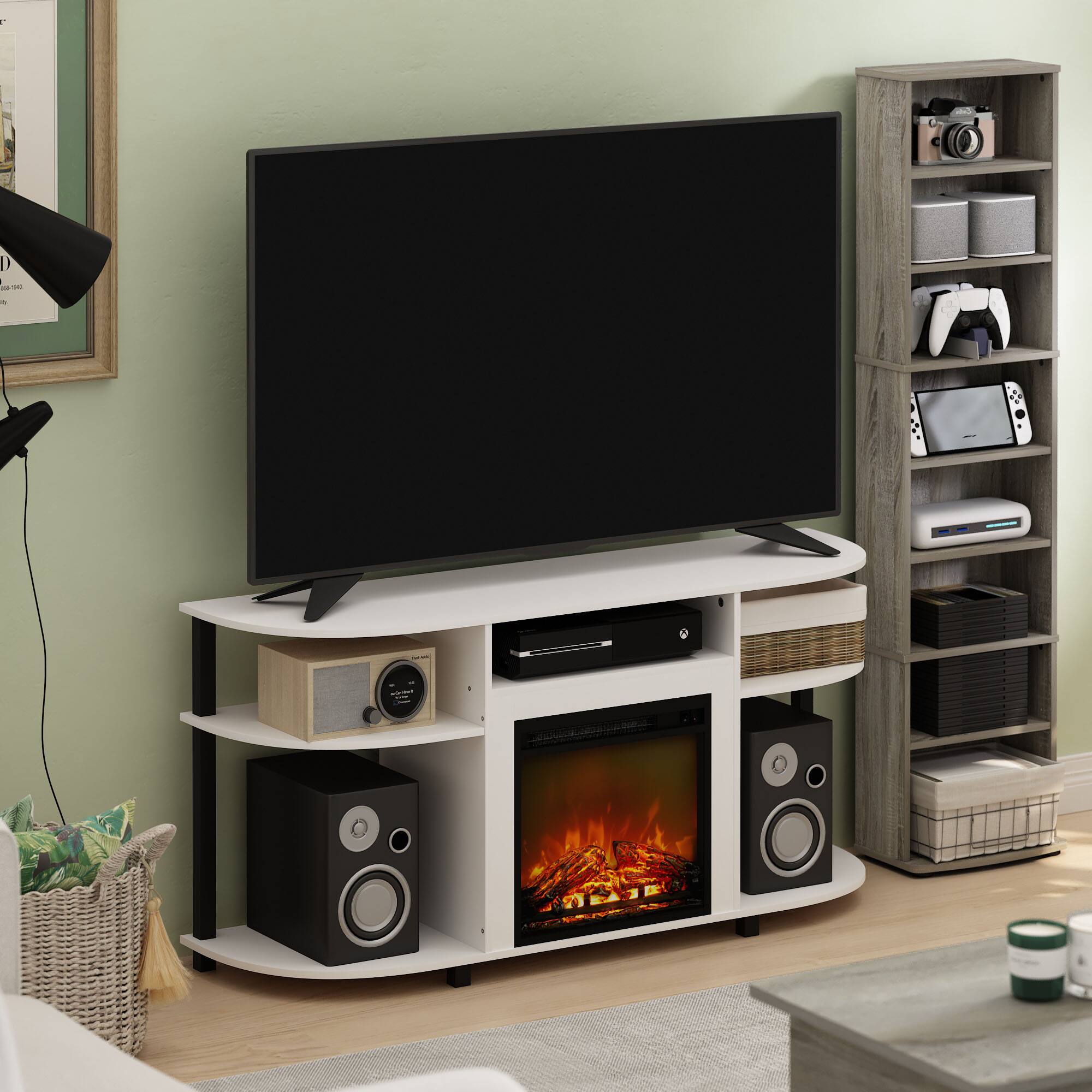 Alt View 6. Furinno - Jensen Open Storage Curved Entertainment Center Stand with Fireplace for TV up to 55 Inch - Solid White.