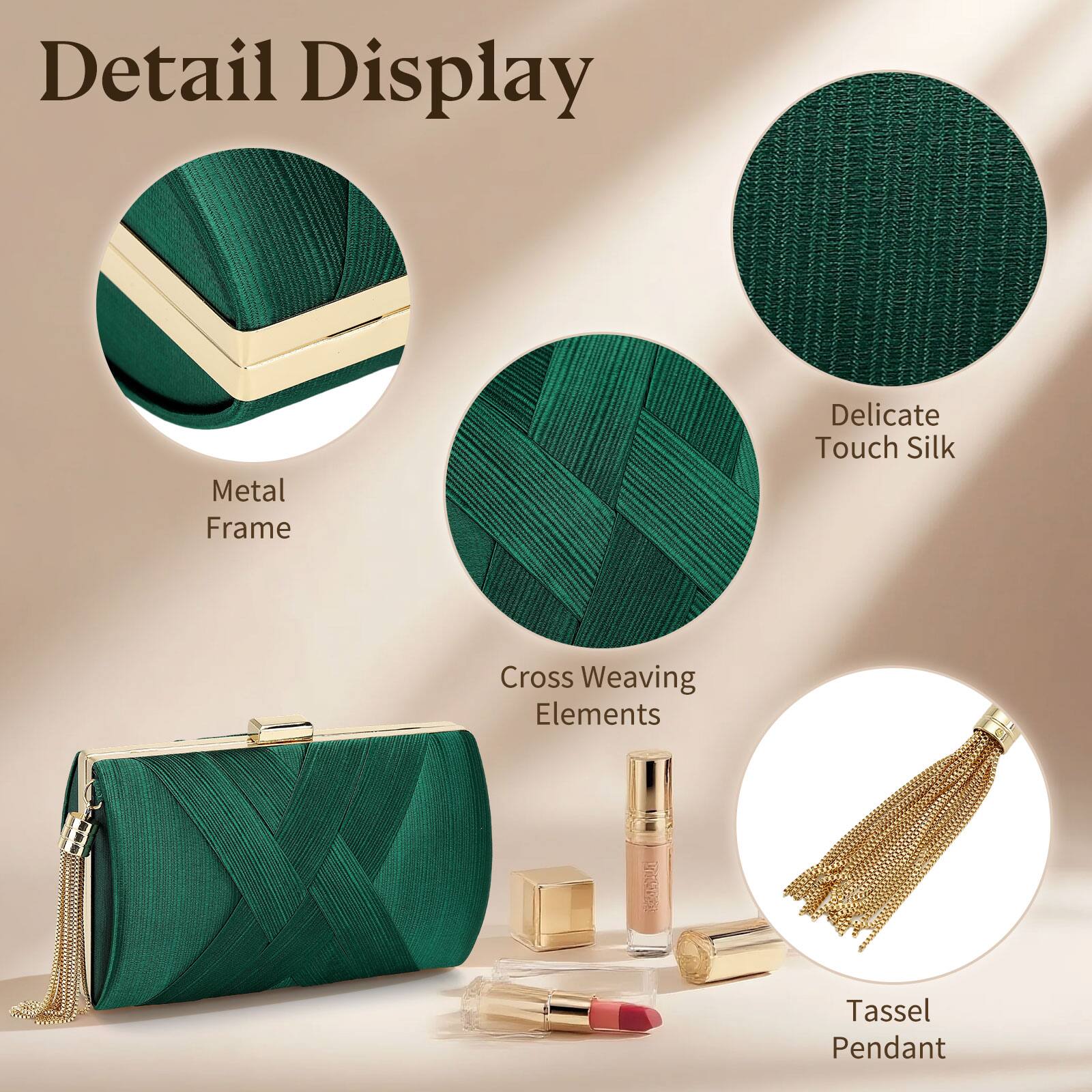 Detail Display

- Metal Frame
- Delicate Touch Silk
- Cross Weaving Elements
- Tassel Pendant