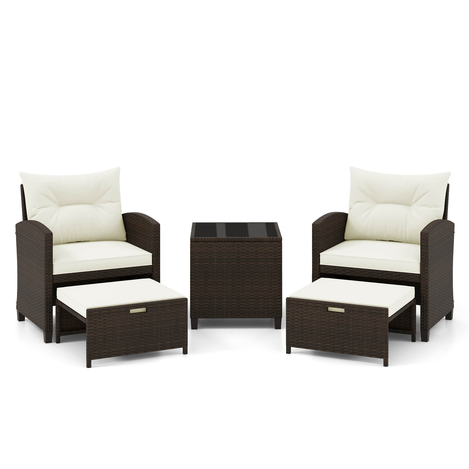 Alt View 9. Costway - 5 Piece Patio Rattan Furniture with 2 Ottomans & Tempered Glass Coffee Table - Off White + Mix Brown.