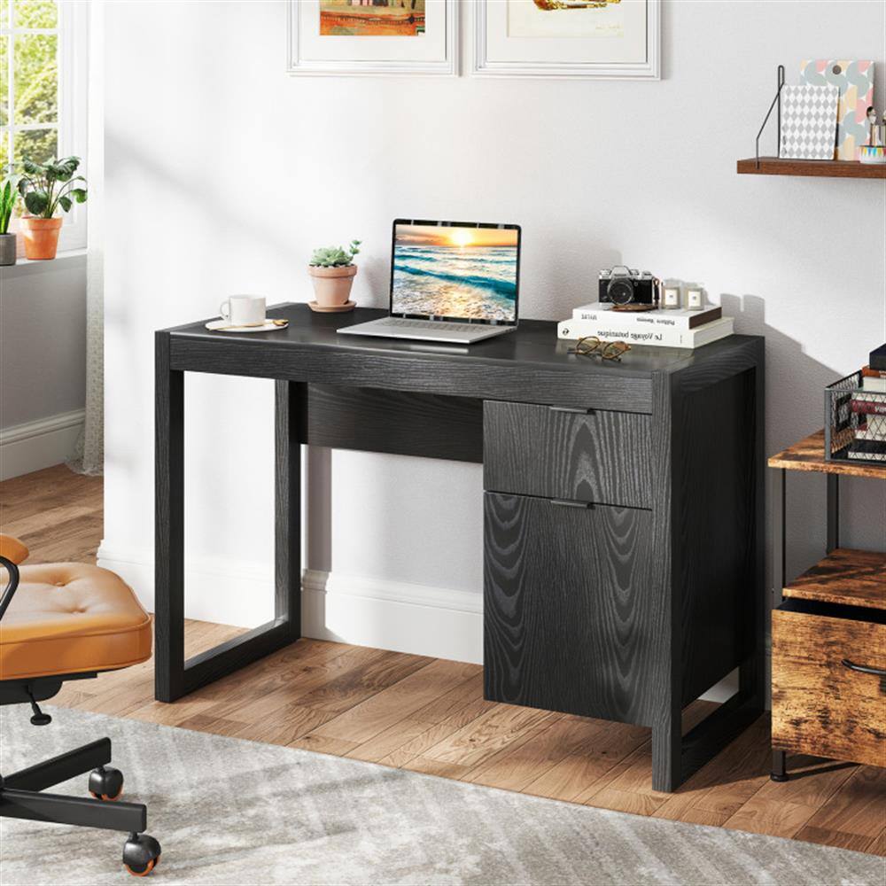 Alt View 2. Pefilos - Modern Computer Desk Workstation with Cabinet & Drawer, Small Home Office Desk Study Writing Table, Black - Black.