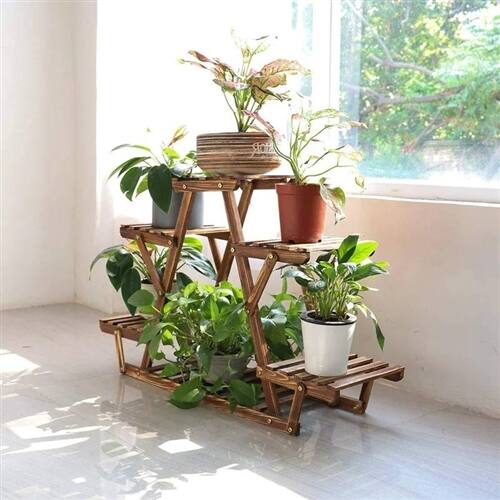 Back. SlickBlue - 6-Shelf Solid Wood Plant Holder with Triangular Frame for Indoor Outdoor - Brown.