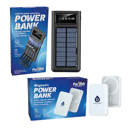 **LED Portable SolarSync POWER BANK**
- Charge anytime with USB or solar energy
- 10000mAh Capacity
- Sustainable Solar Charging
- Multiple Output Ports: USB, Lightning, Type-C, and Micro
- PurVolt by PURSONIC
**Magnetic POWER BANK**
- Perfect magnetic alignment for seamless charging of iPhone 13 and later
- 5000mAh Capacity
- Magnetic Power Bank
- PurVolt by PURSONIC