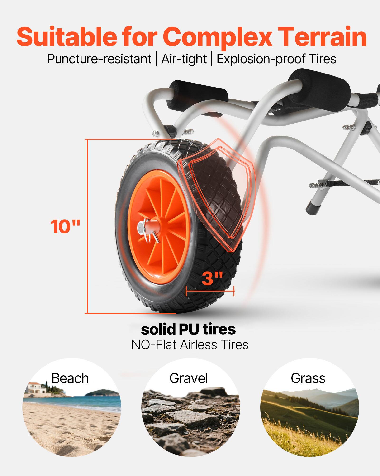 Suitable for Complex Terrain  
Puncture-resistant | Air-tight | Explosion-proof Tires  

10" 3" solid PU tires  
NO-Flat Airless Tires  

Beach  
Gravel  
Grass