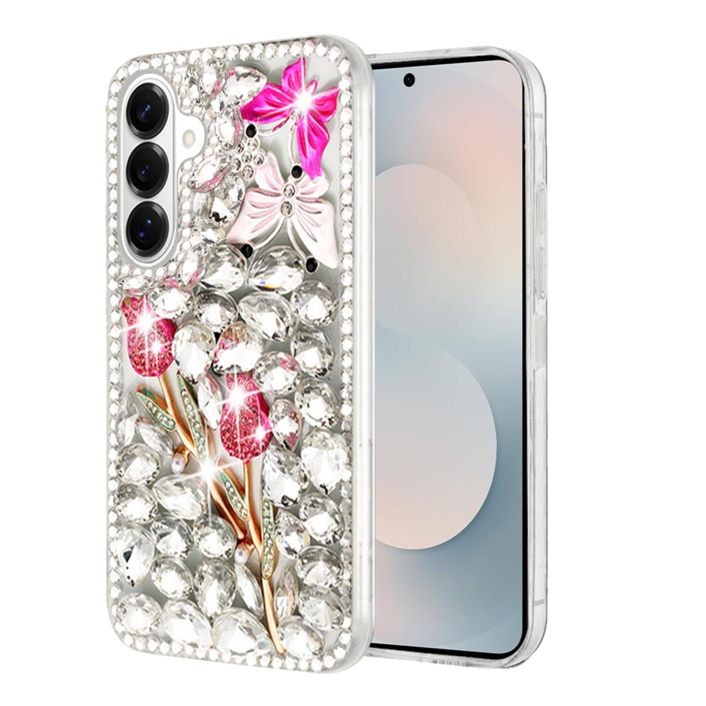 Angle. Kitcheniva - Full Diamond Bling 3D Jewel Ornaments Design Phone Case With Tempered Glass For Samsung S26 Crystal Garden - Multicolor.