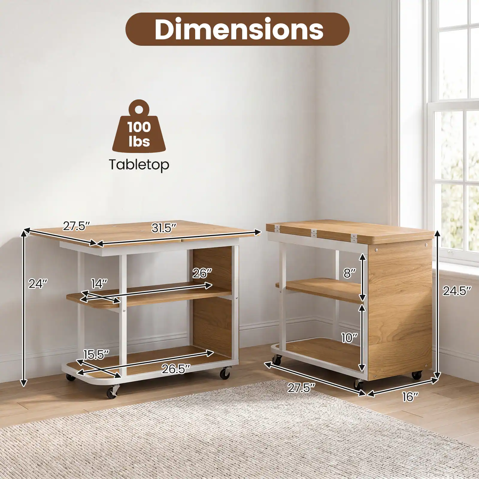 Dimensions: 100 lbs Tabletop  
27.5" x 31.5"  
24" x 14"  
26" x 8"  
24.5" x 15.5"  
26.5" x 27.5"  
10" x 16"