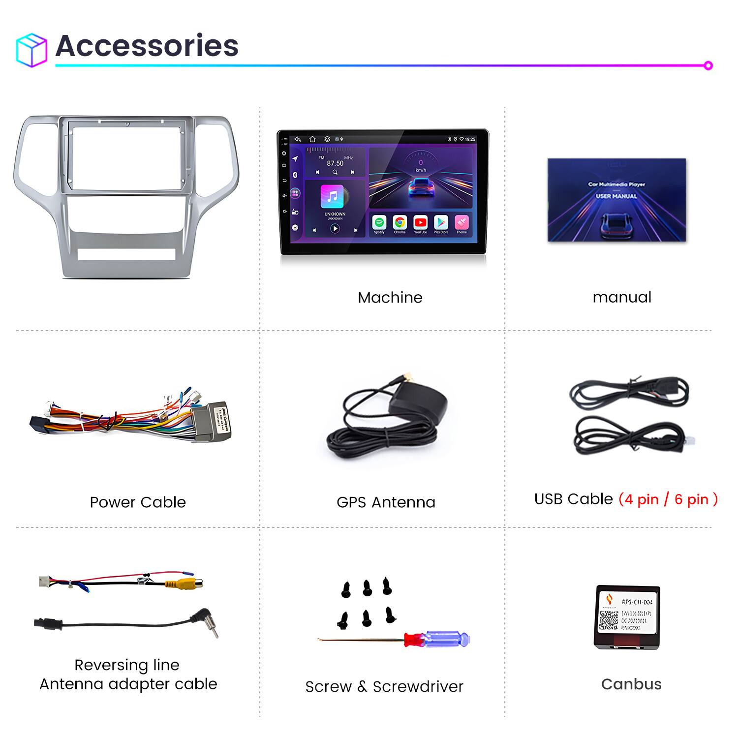 Accessories

- Machine
- Manual
- Power Cable
- GPS Antenna
- USB Cable (4 pin / 6 pin)
- Reversing line Antenna adapter cable
- Screw & Screwdriver
- Canbus