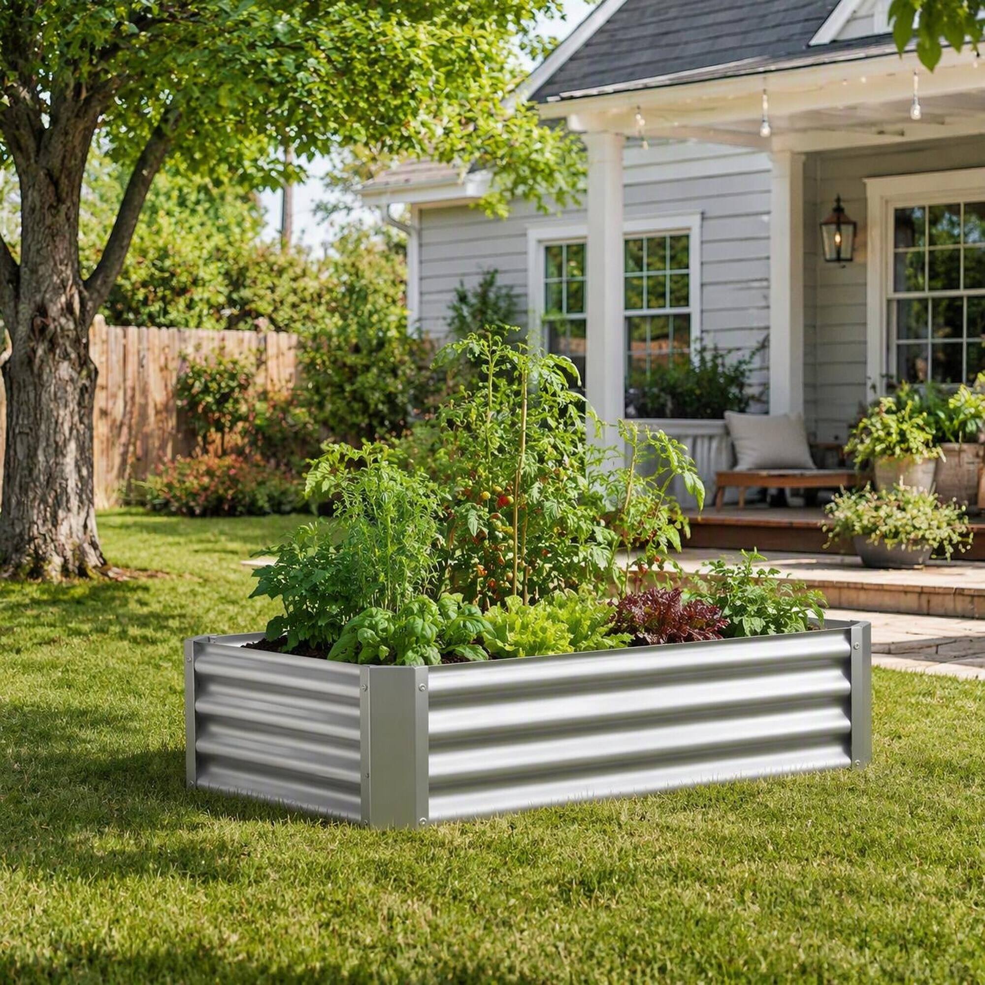 Alt View 1. RYHNUYNE - Silver Metal Rectangular Raised Garden Bed 2 Pack, 4x2x1 ft Galvanized Planter Box for Vegetables Flowers Herbs - Silver.